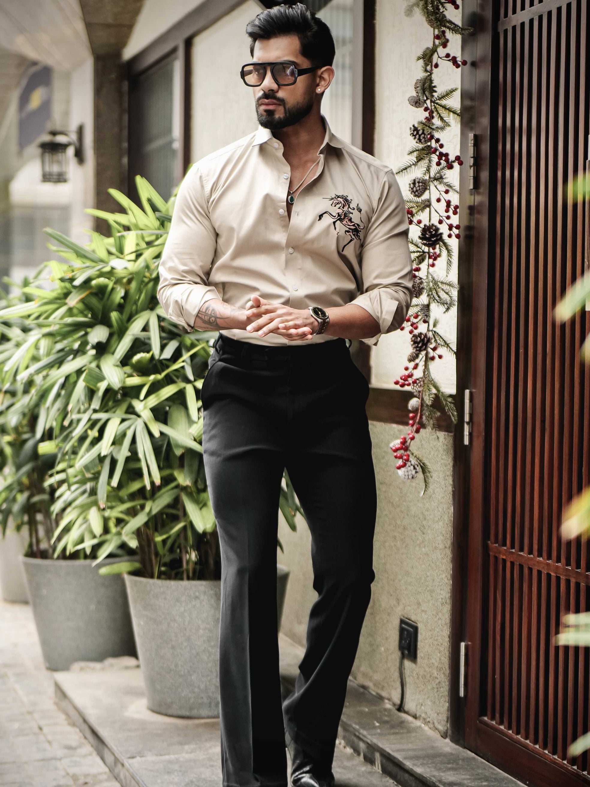 FOOMER CREAM EMBROIDERED DESIGNER SHIRT FOR MEN'S