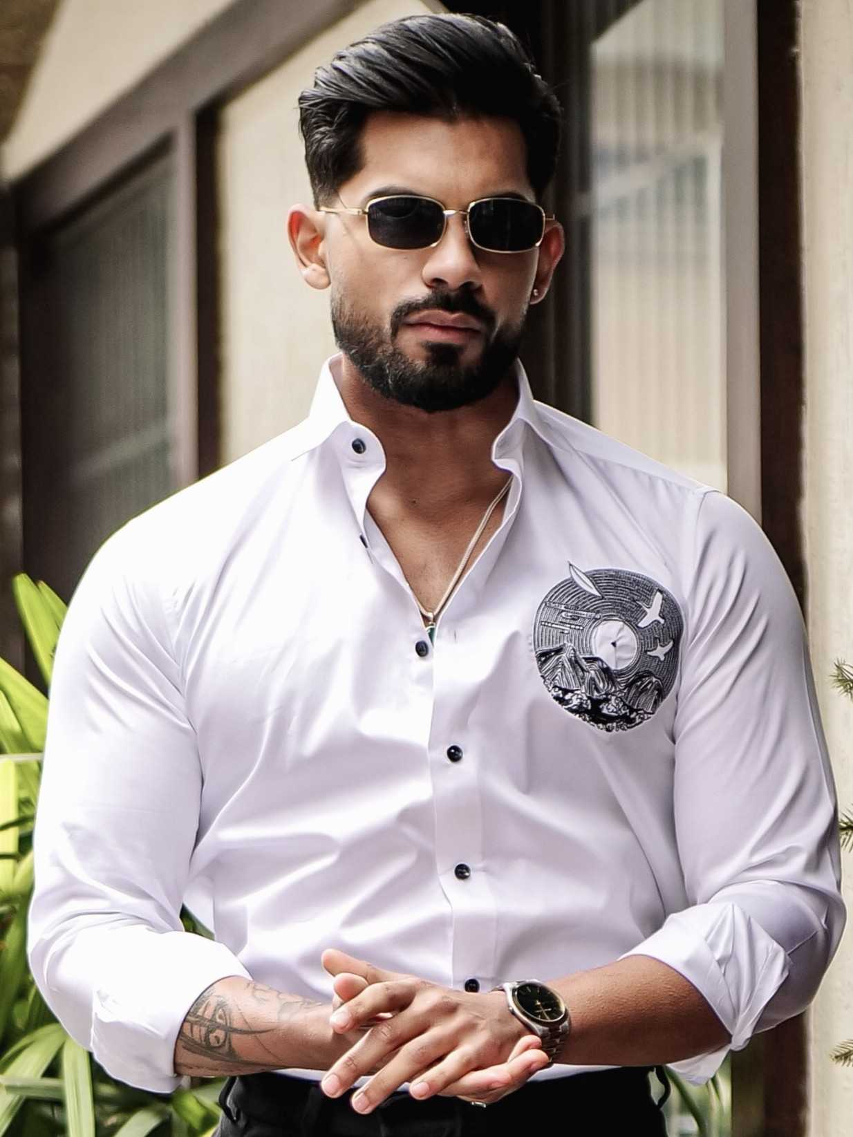 WHITE CLUB WEAR EMBROIDERY SATIN COTTON SHIRT