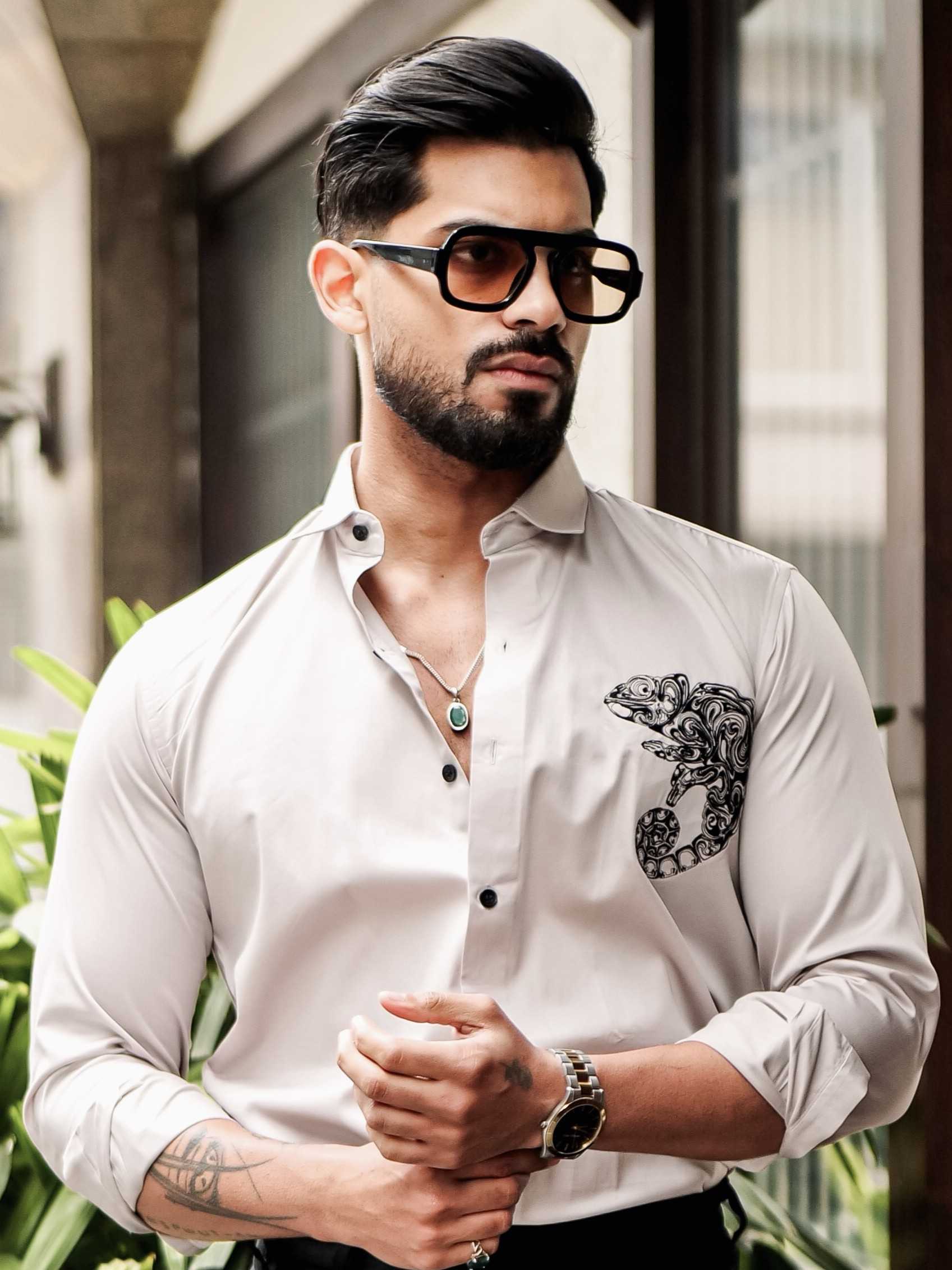 FOOMER GREY EMBROIDERED DESIGNER SHIRT FOR MEN'S