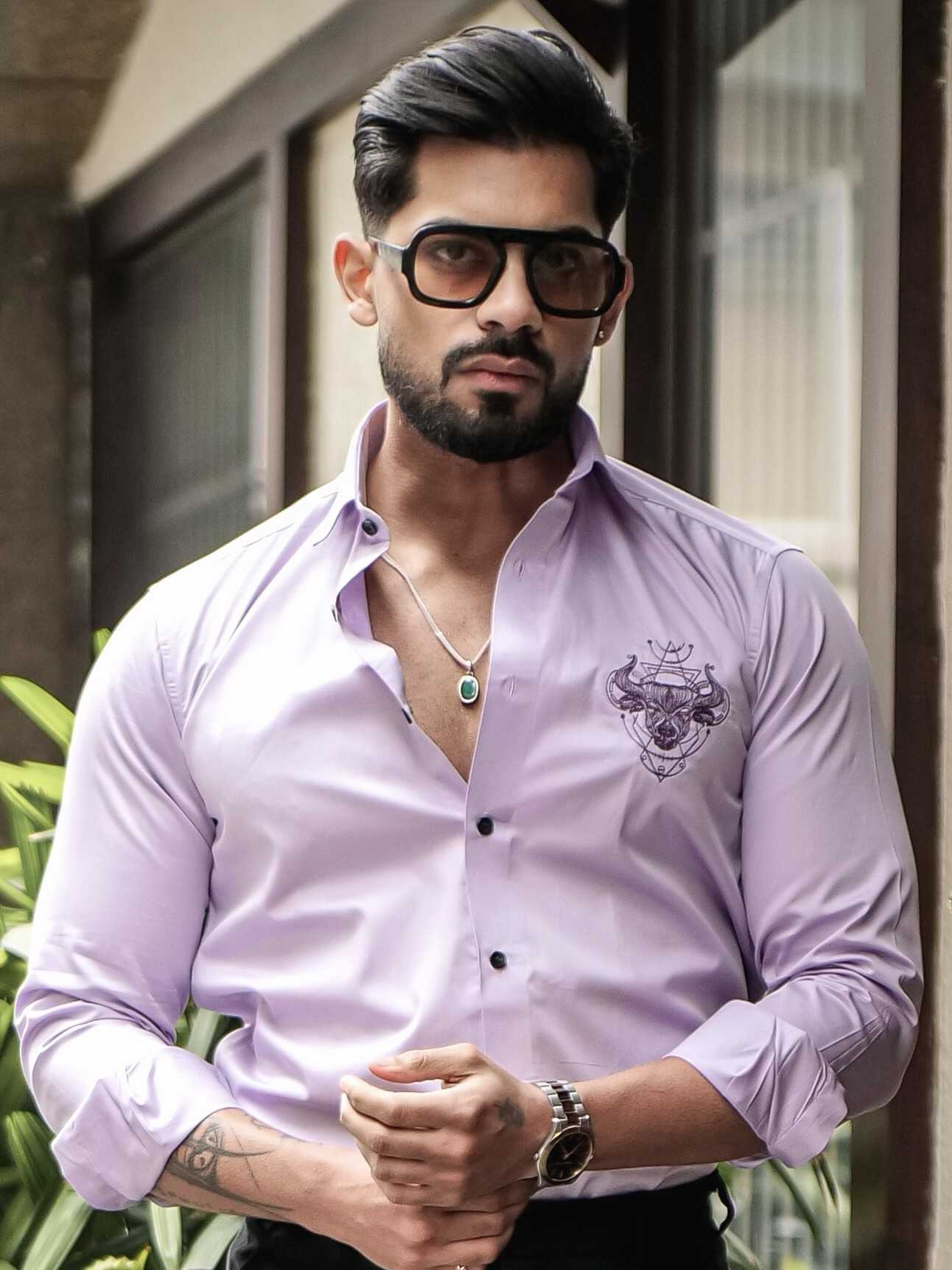 LIGHT PURPLE EMBROIDERED DESIGNER SATIN COTTON SHIRT FOR MEN'S