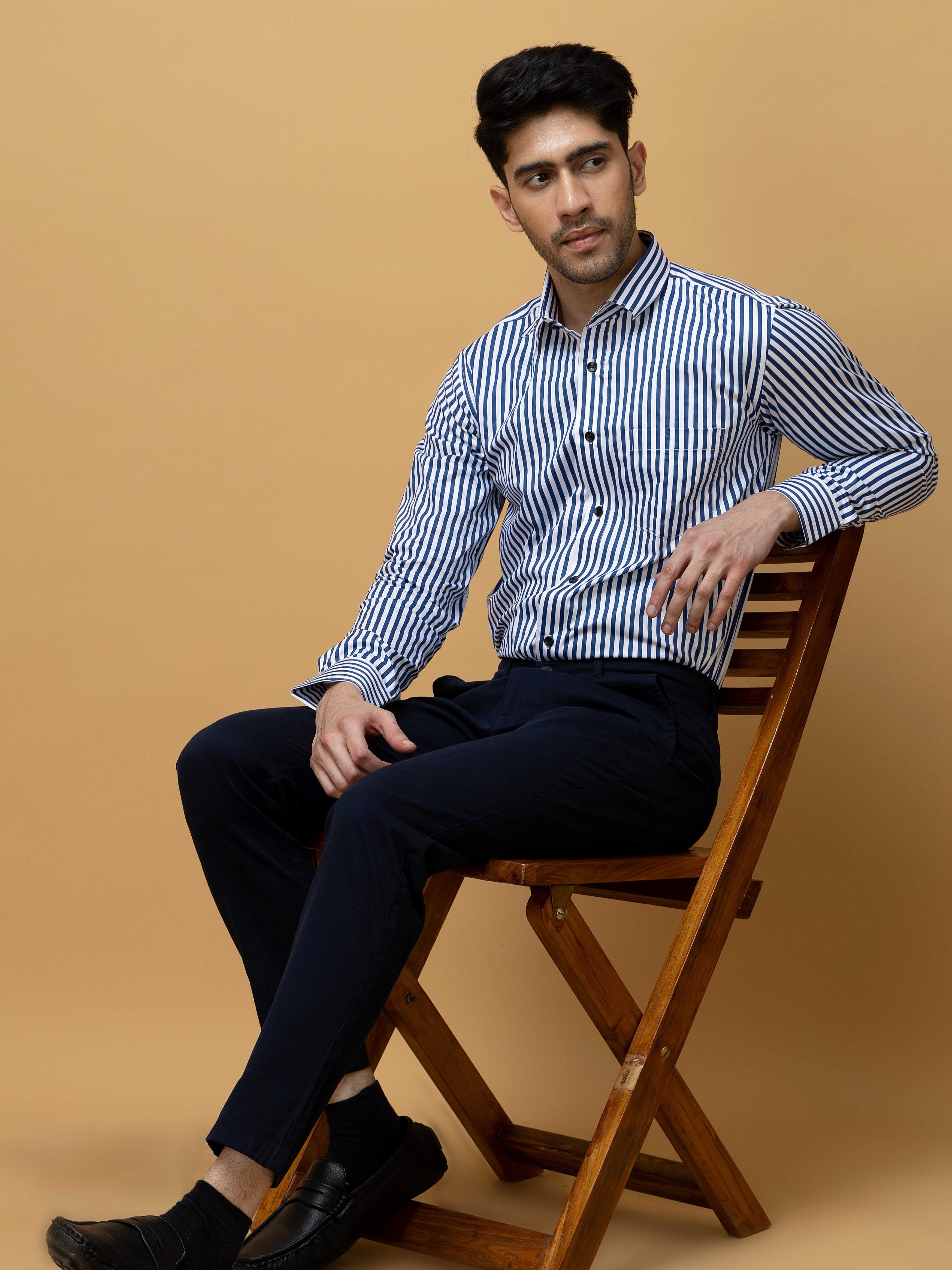 BLUE STRIPED COTTON REGULAR FIT MEN&#39;S CASUAL SHIRT FOR MEN&#39;S