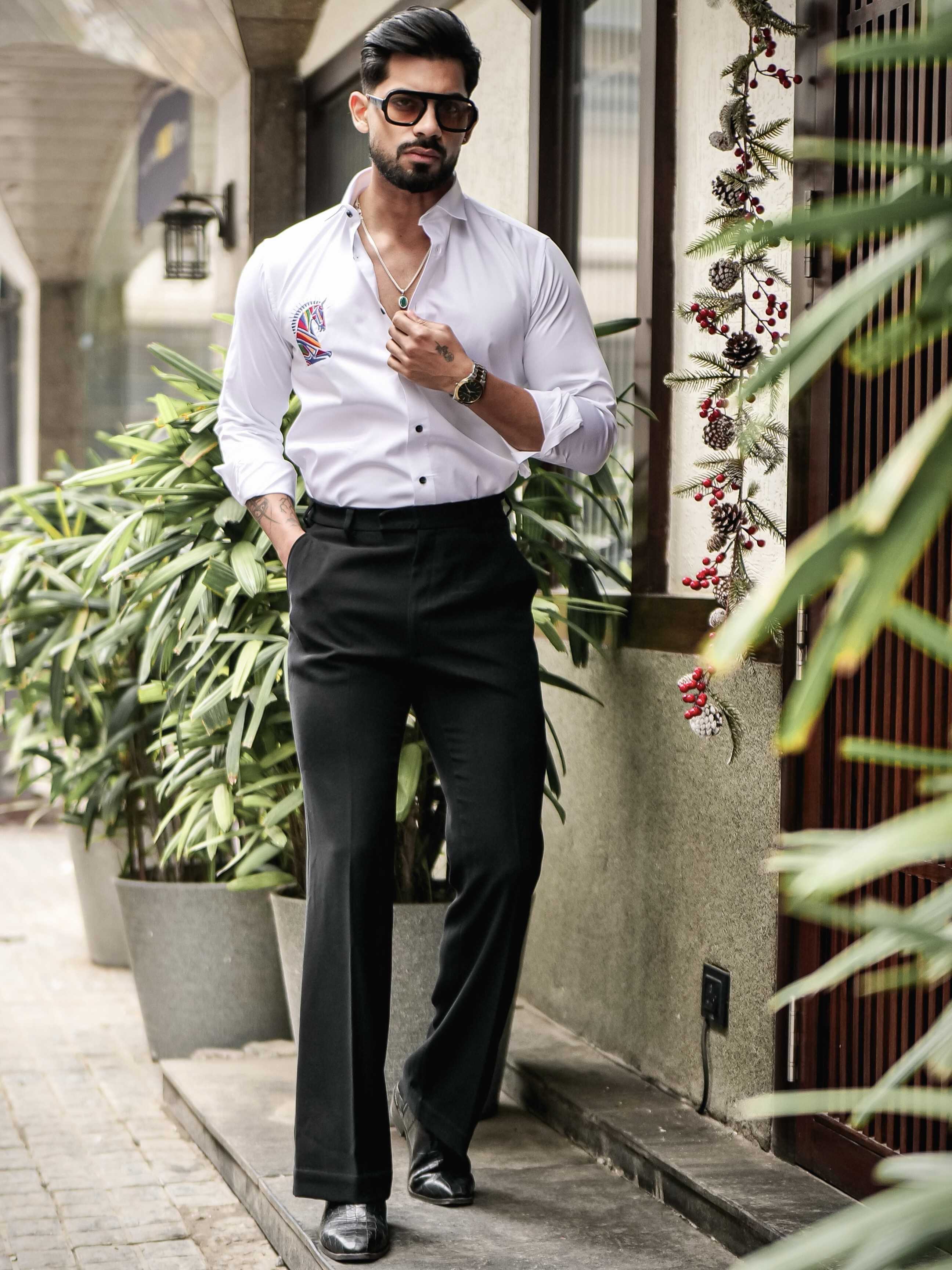 WHITE CLUB WEAR EMBROIDERY SATIN COTTON SHIRT