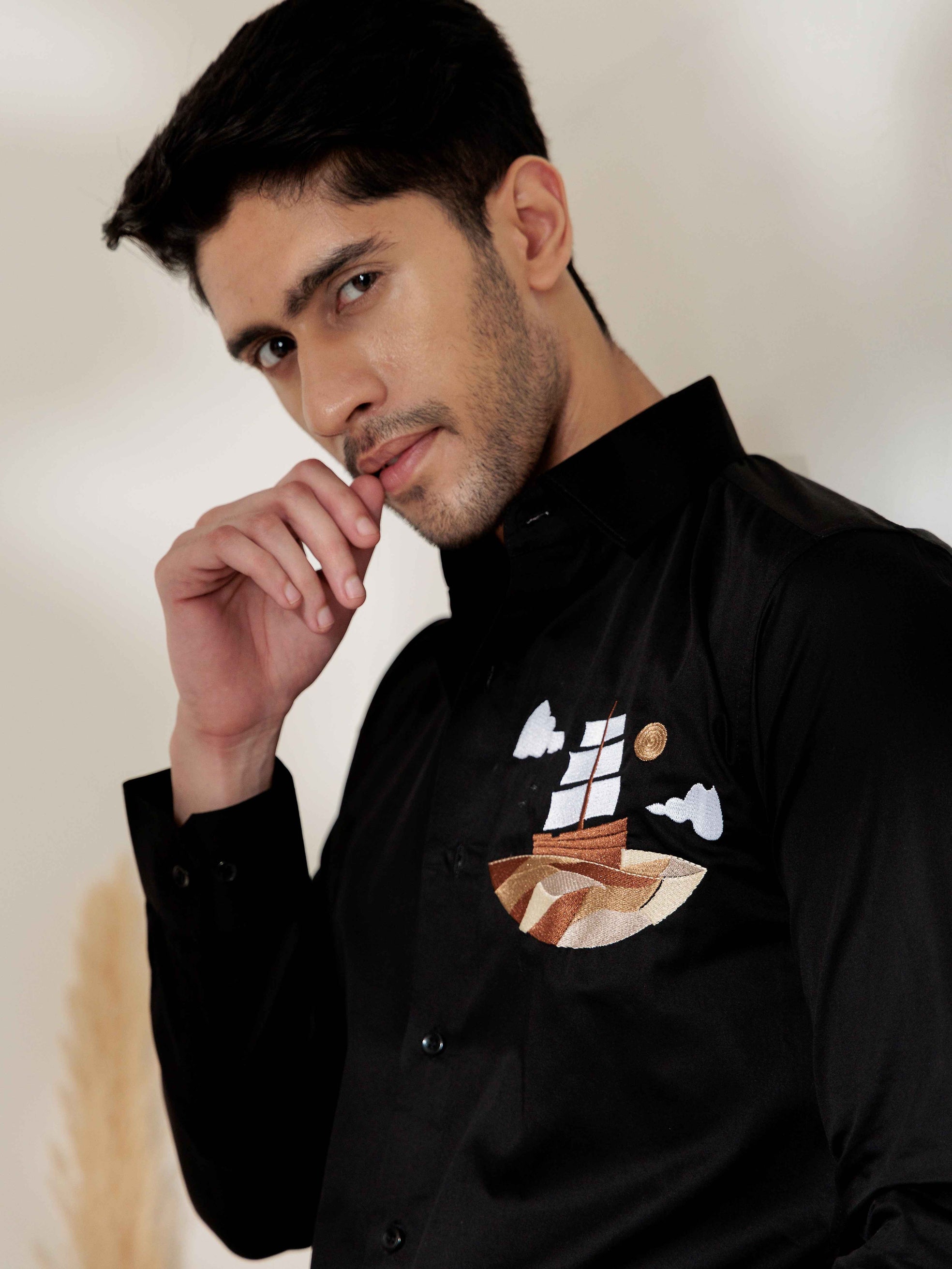 FOOMER BLACK EMBROIDERED DESIGNER WEAR SATIN COTTON SHIRT FOR MEN
