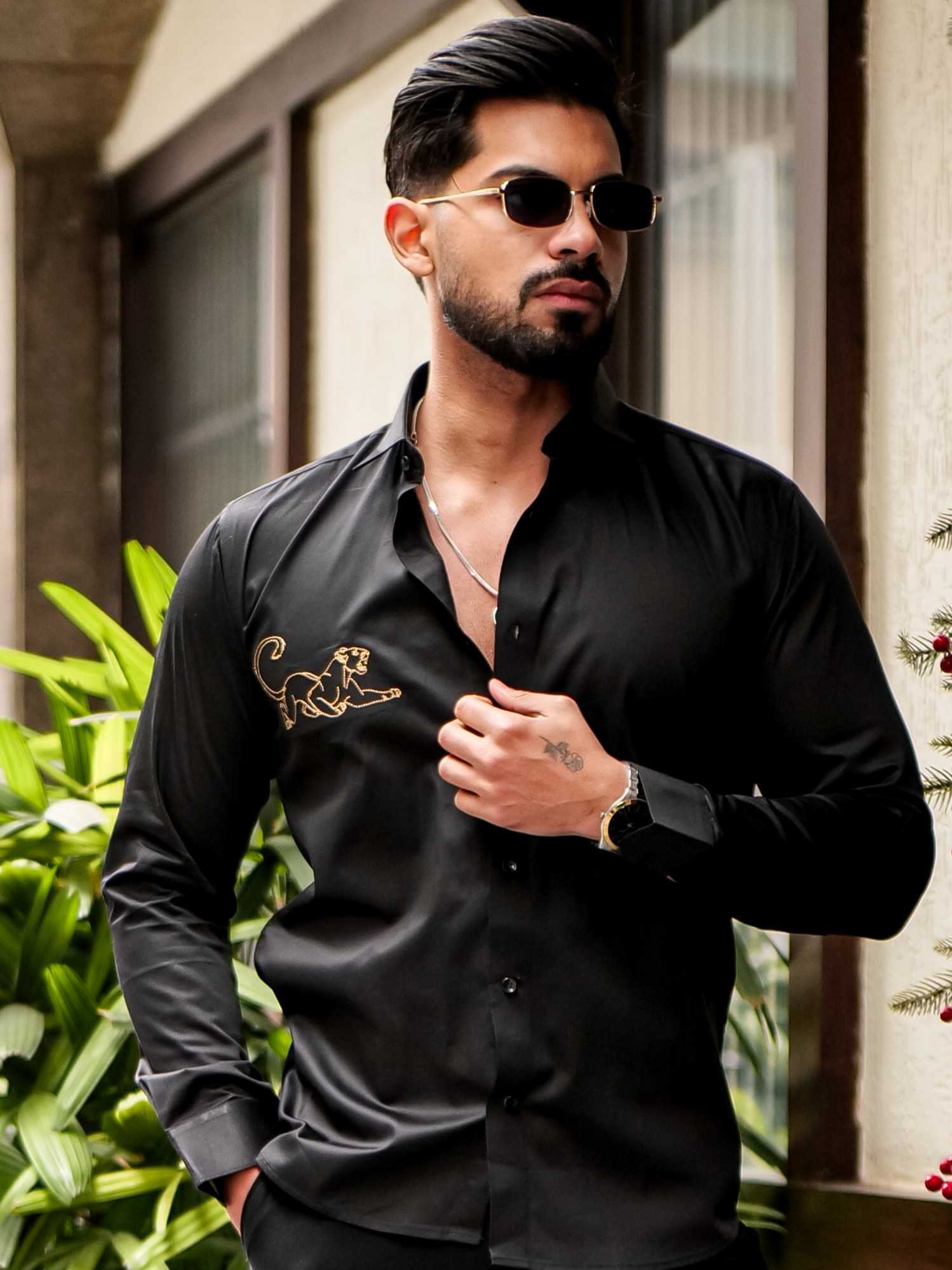 BLACK EMBROIDERED DESIGNER SATIN COTTON SHIRT FOR MEN'S