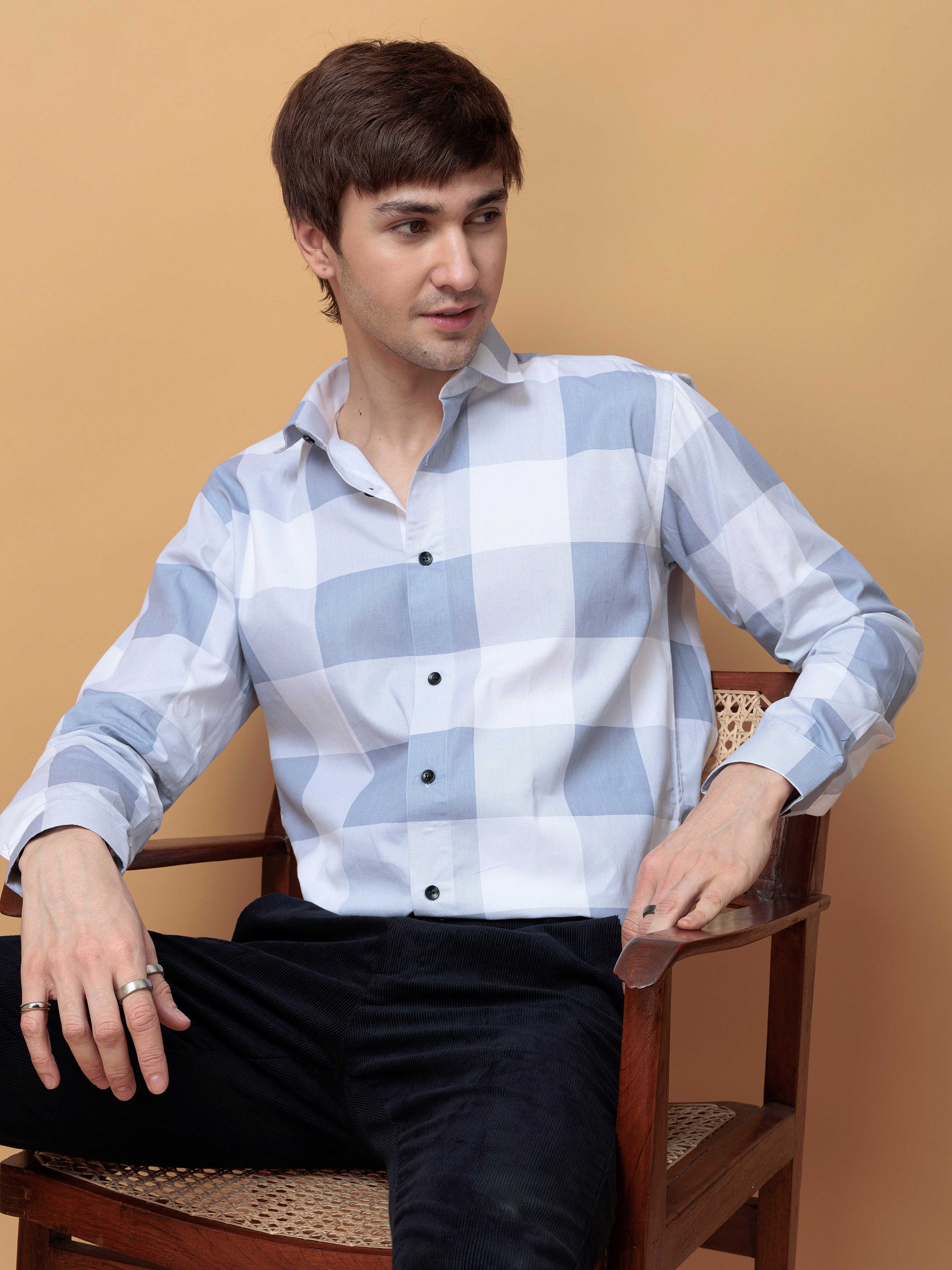 FOOMER GREY CHECKED COTTON CASUAL SHIRT FOR MEN'S