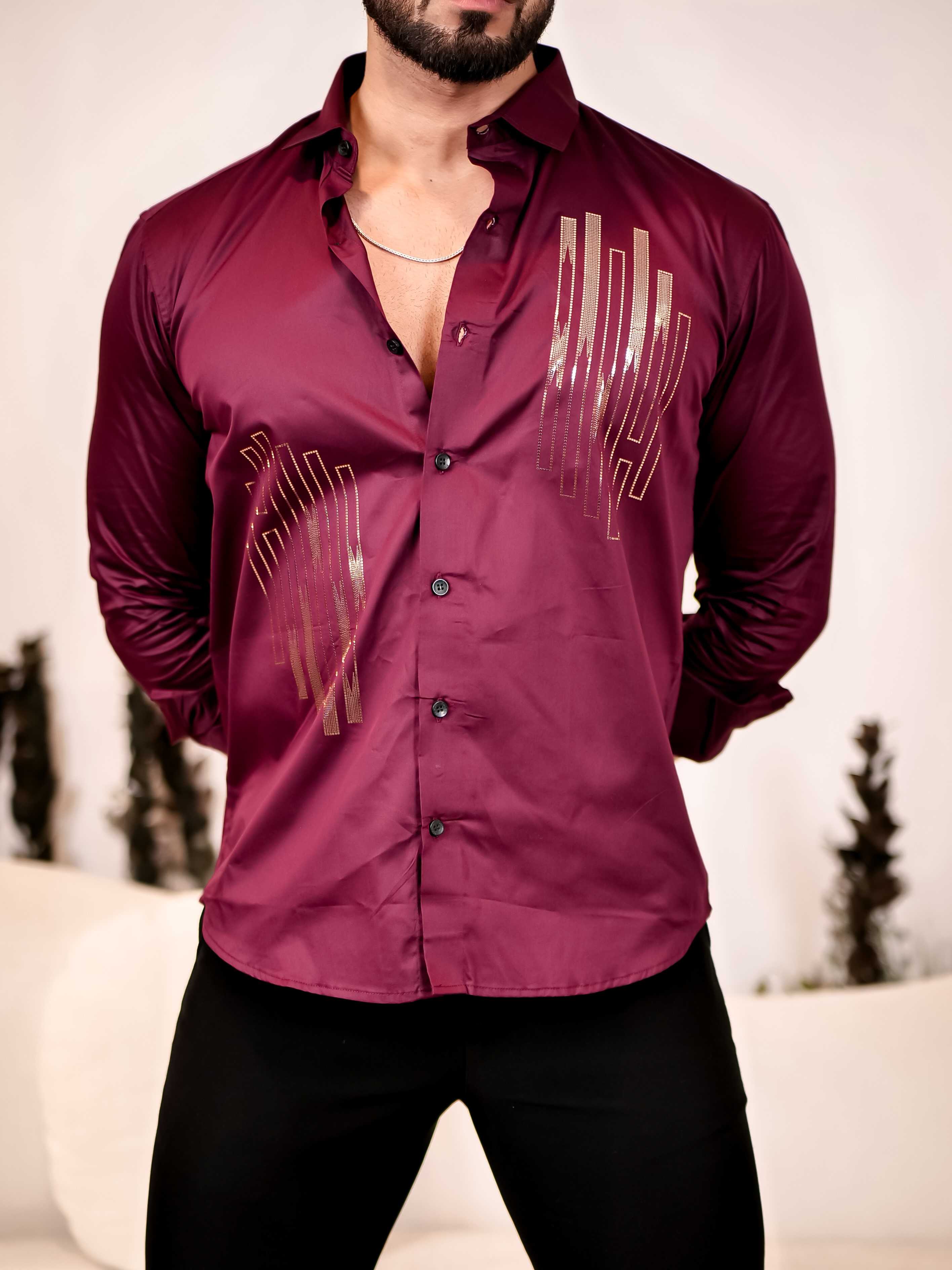 Dance Wine Sequence Club Wear Satin Cotton Party Shirt