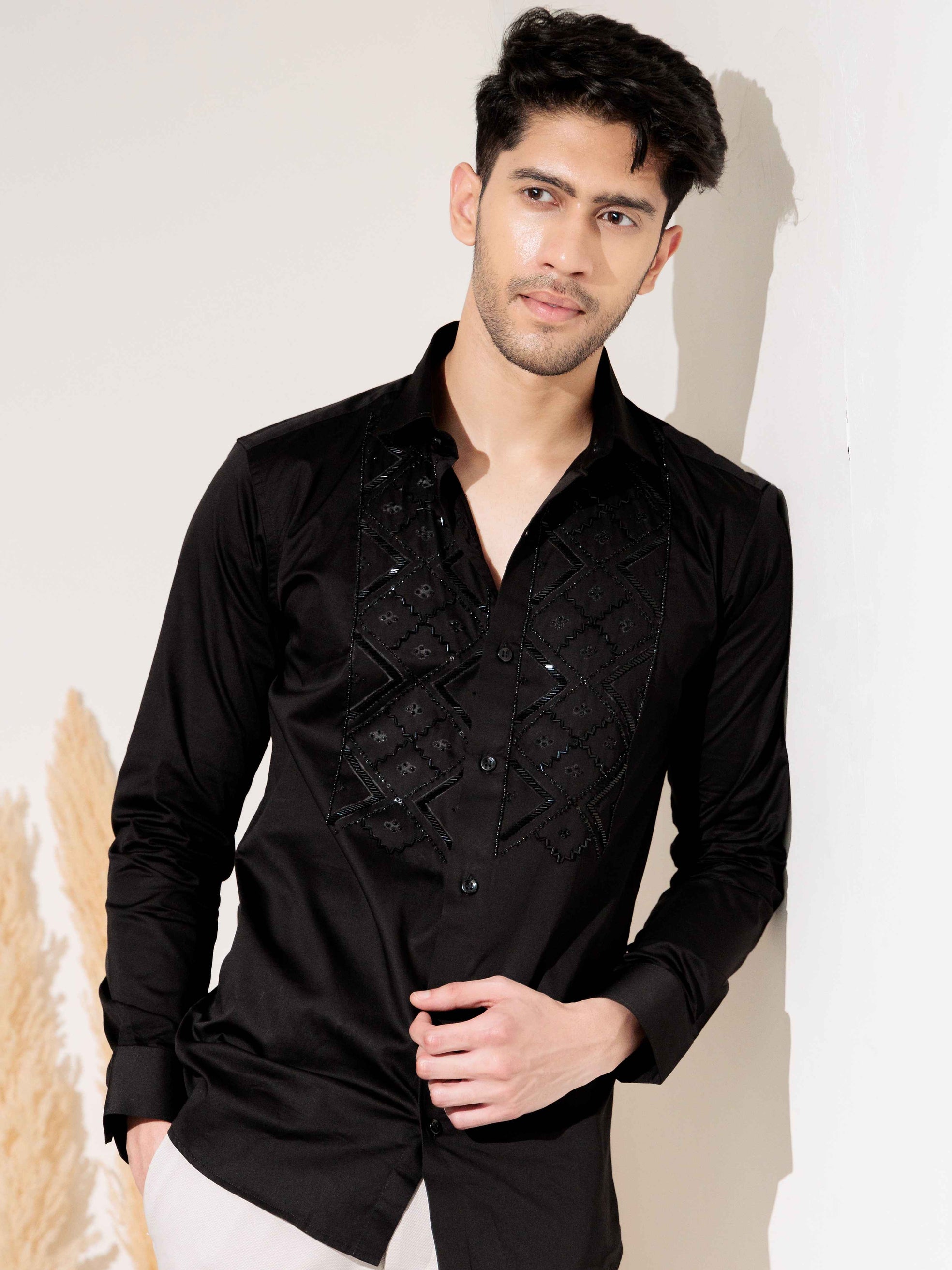 FOOMER BLACK RHINESTONE HAND WORK SATIN COTTON SHIRT FOR MEN