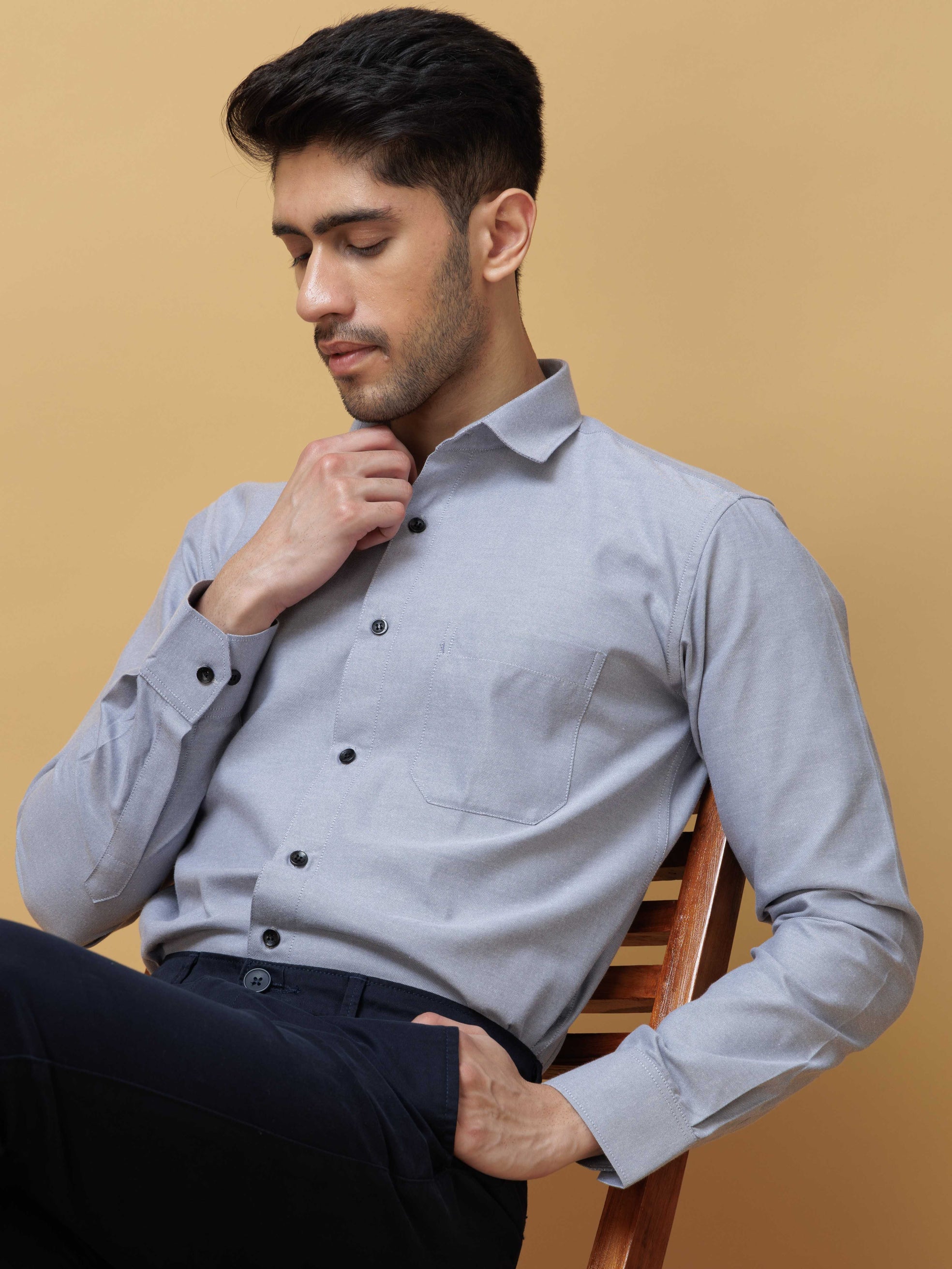 FORMAL GREY PLAIN OXFORD PREMIUM COTTON CASUAL SHIRT FOR MEN'S