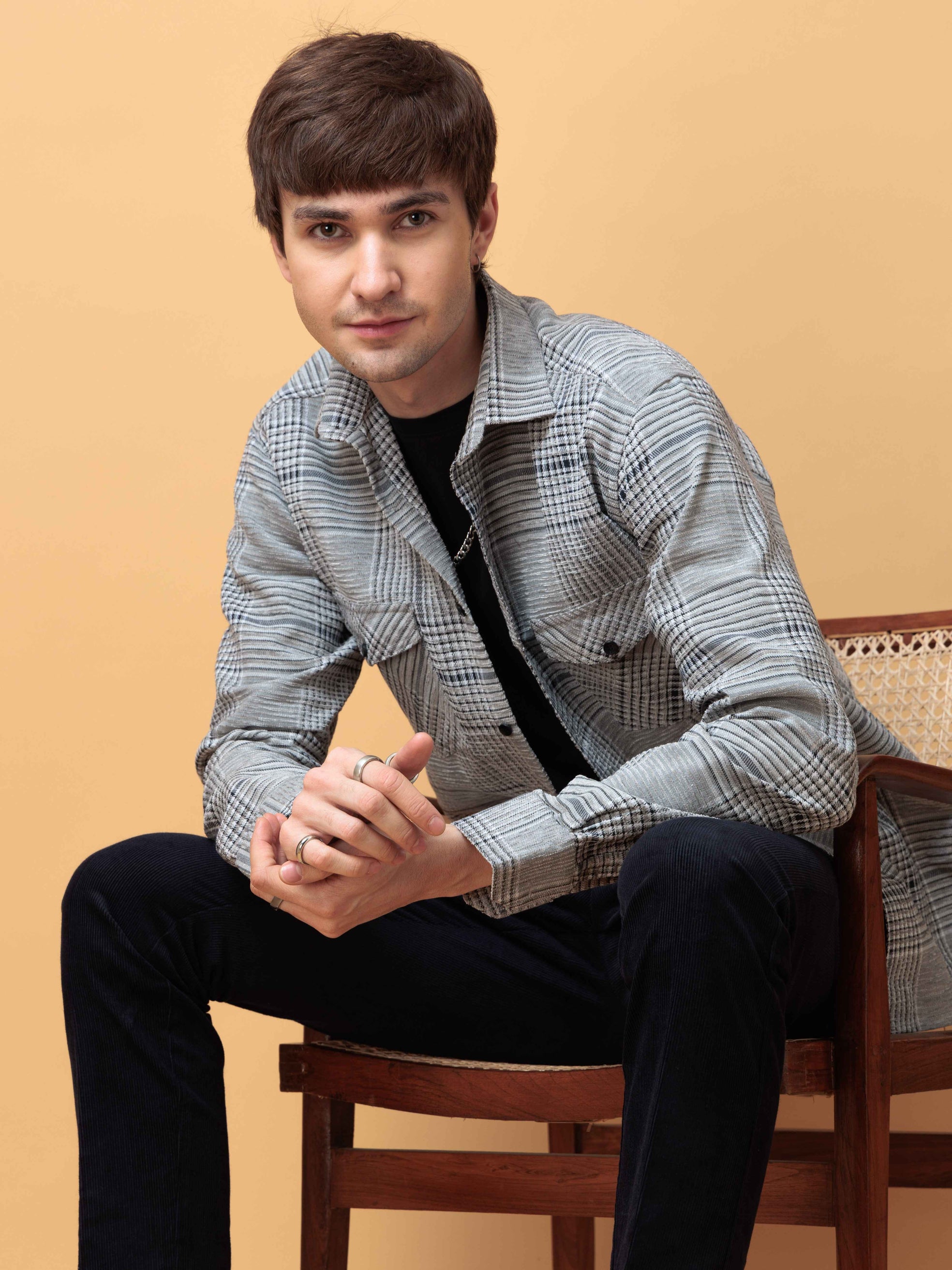 FOOMER GREY GLEN CHECKED CASUAL SHIRT FOR MEN'S