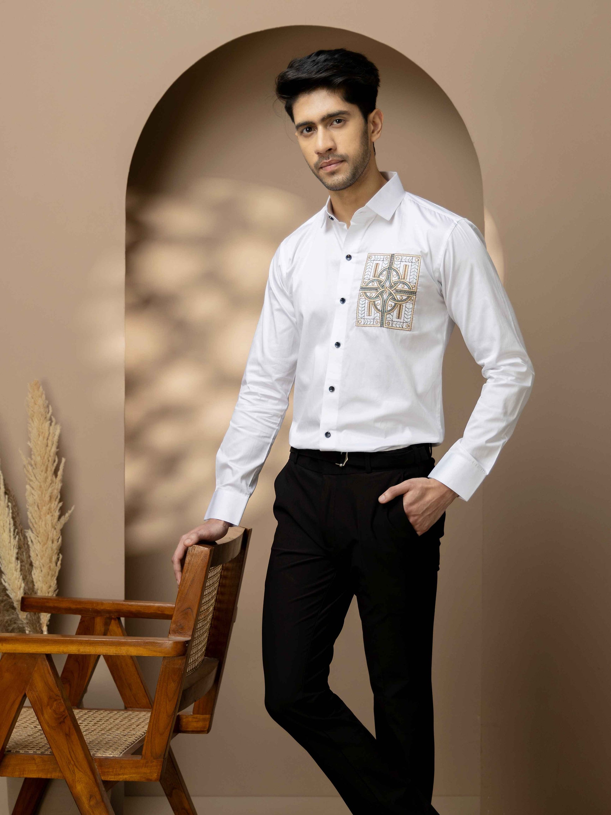 FOOMER WHITE GOLDEN EMBROIDERED CLUB WEAR SATIN COTTON SHIRT