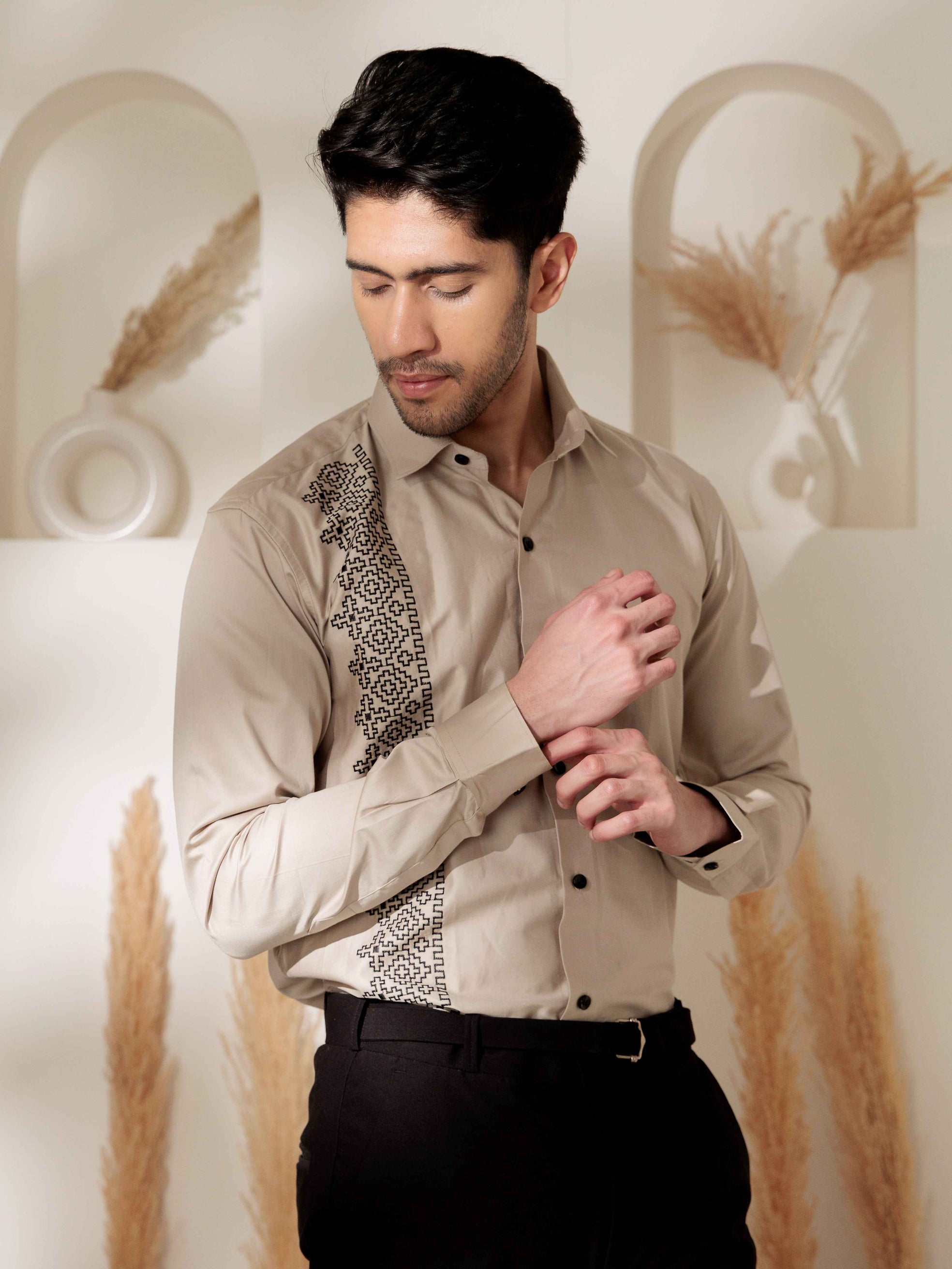 FOOMER CREAM EMBROIDERED DESIGNER WEAR SATIN COTTON SHIRT