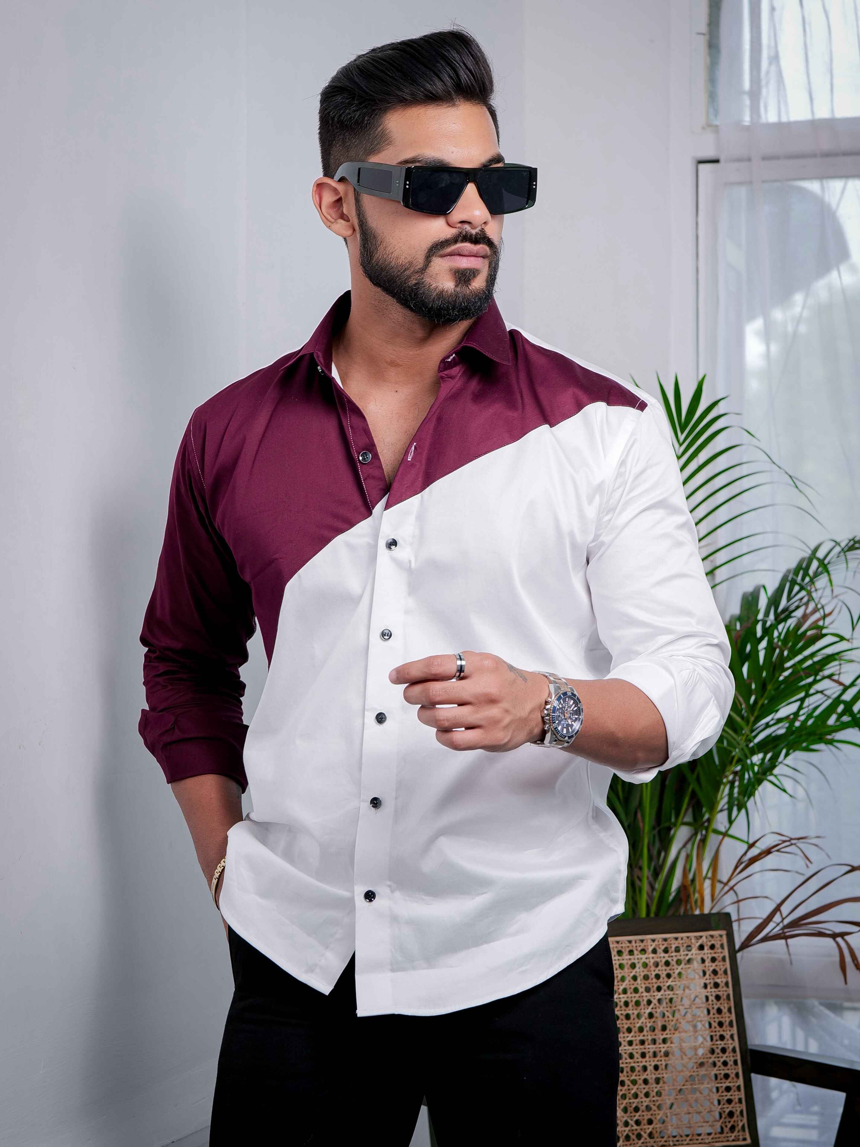 White And Maroon Designer Satin Cotton Shirt