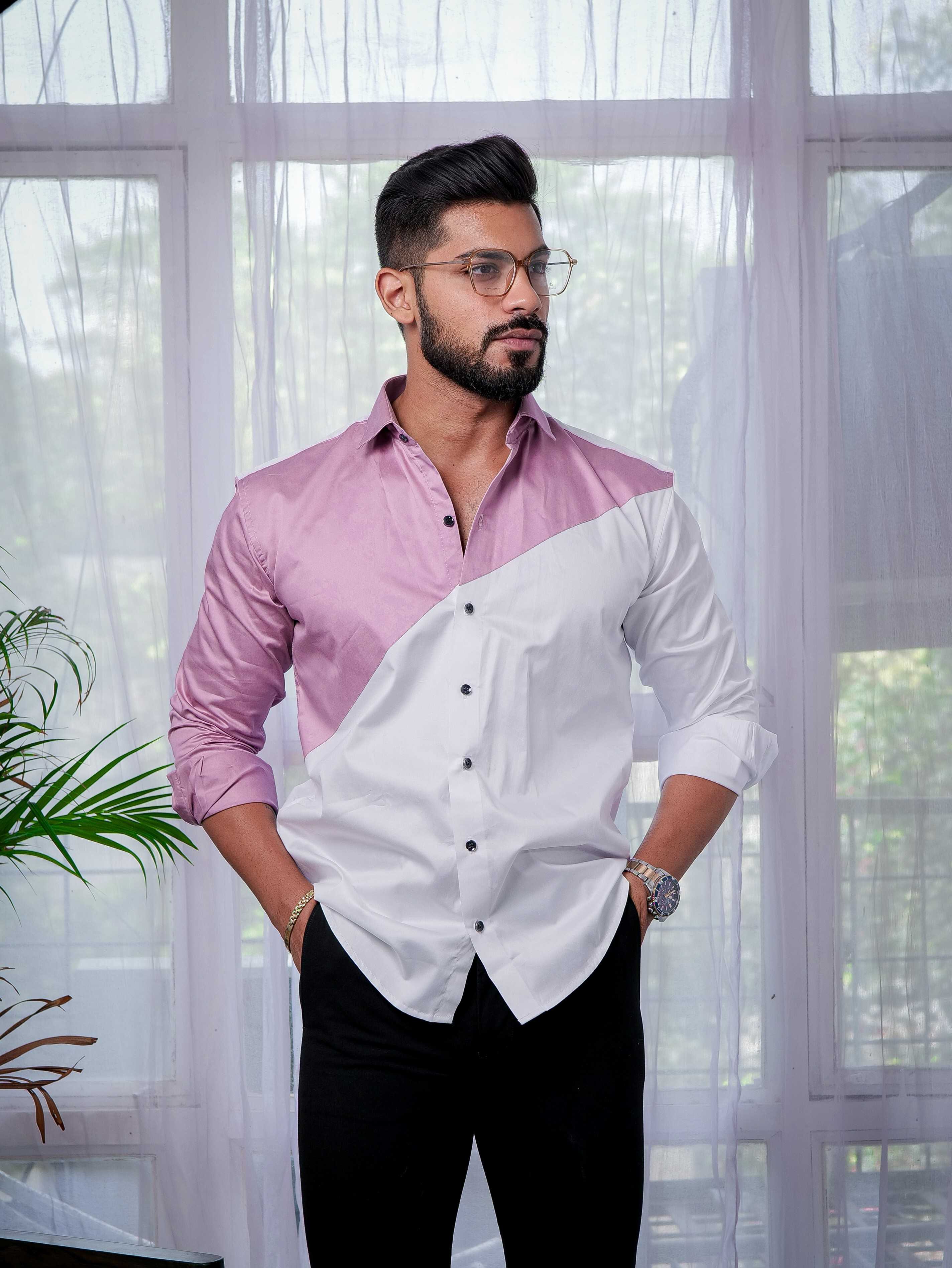 White And Purple Designer Satin Cotton Shirt