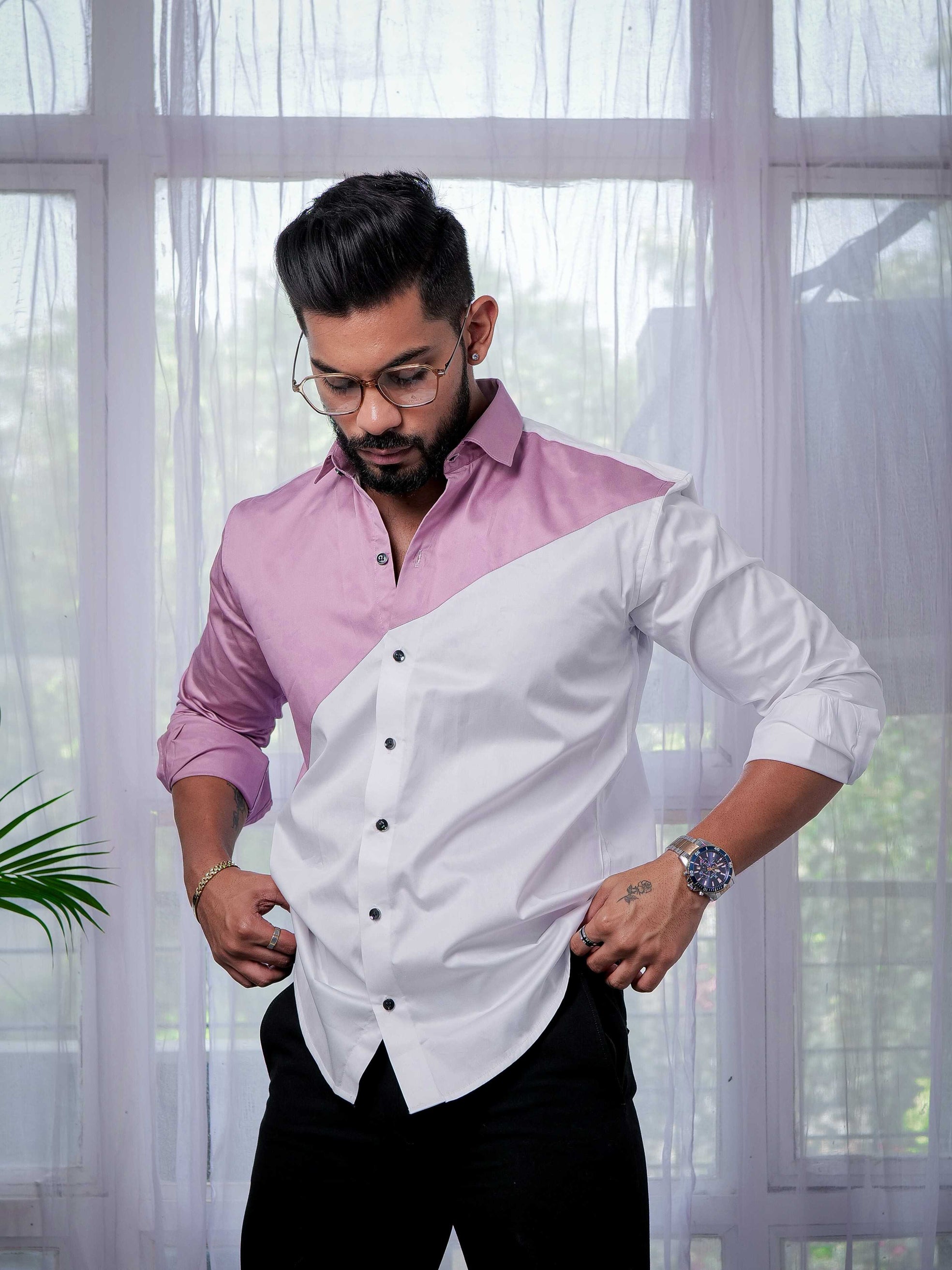 White And Purple Designer Satin Cotton Shirt
