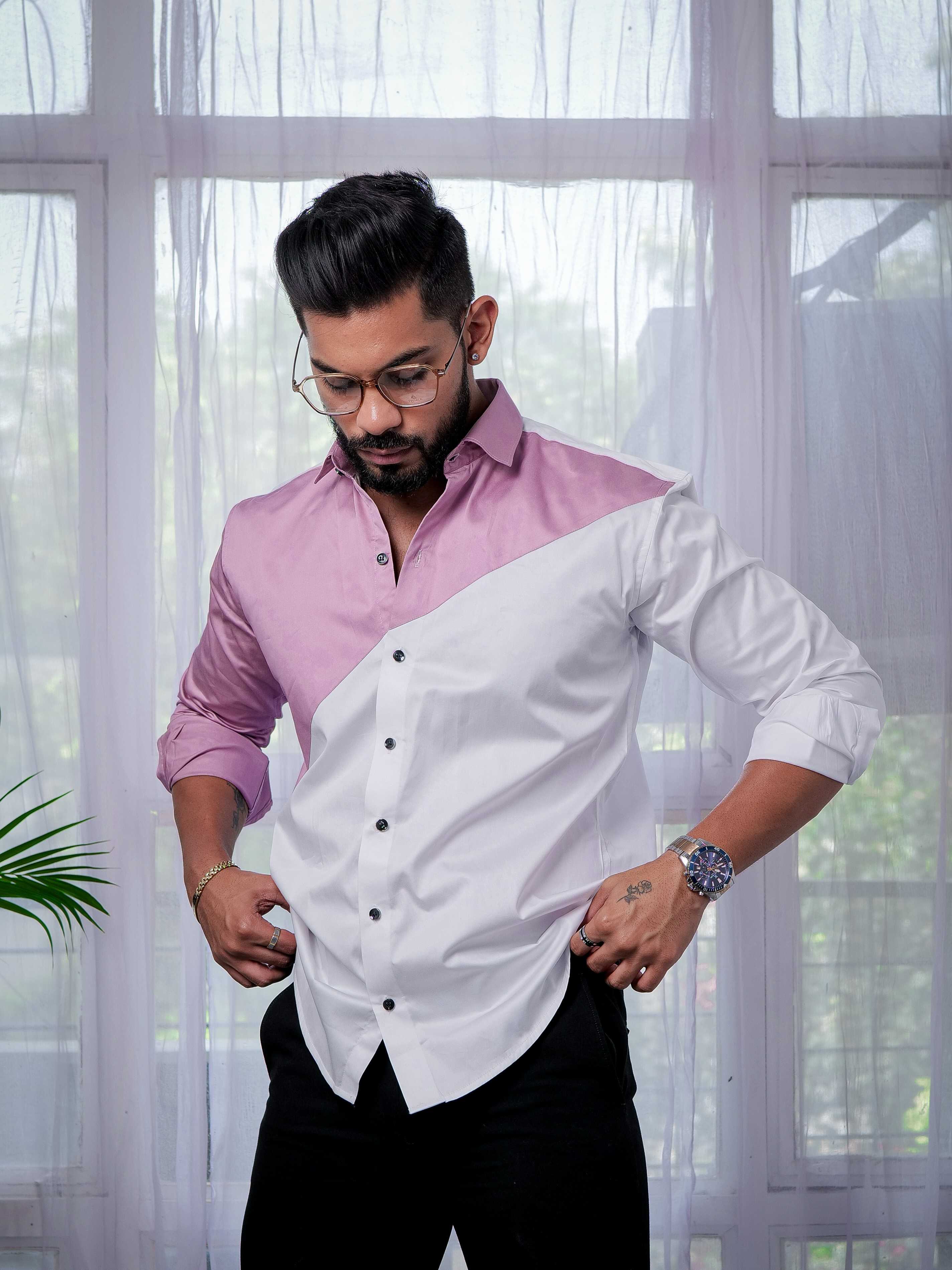 White And Purple Designer Satin Cotton Shirt