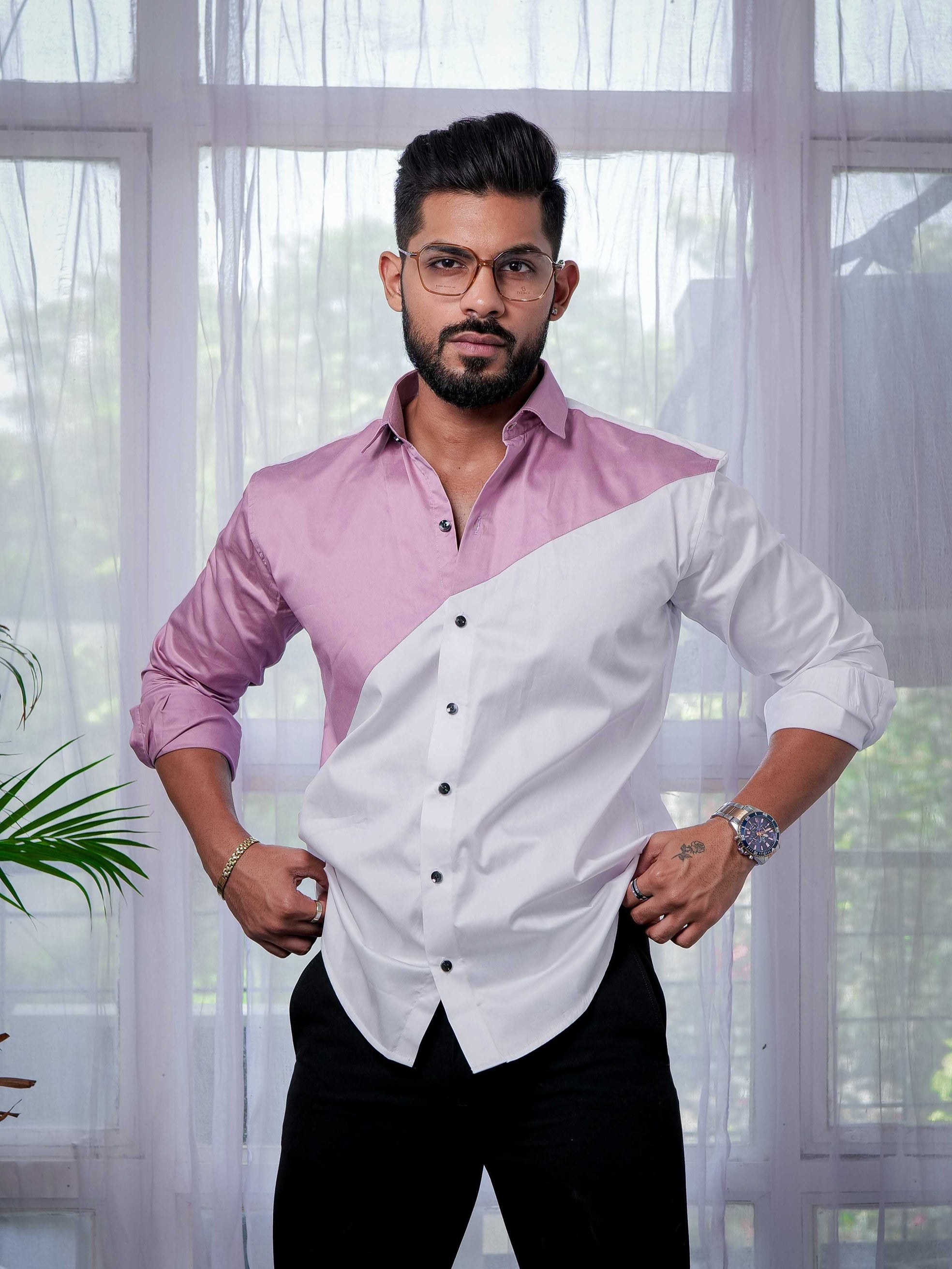 White And Purple Designer Satin Cotton Shirt