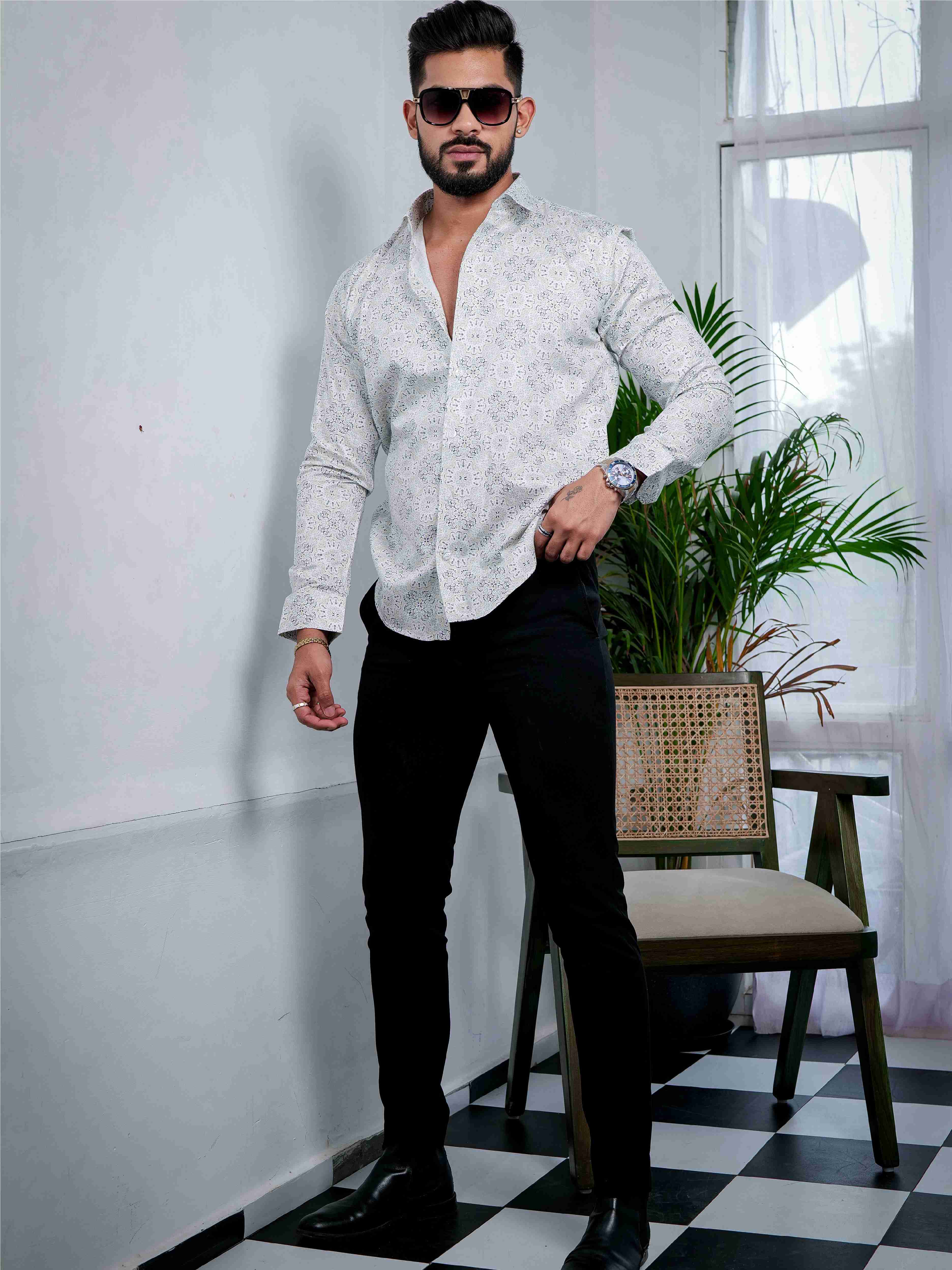 White Cotton Print Premium Shirt