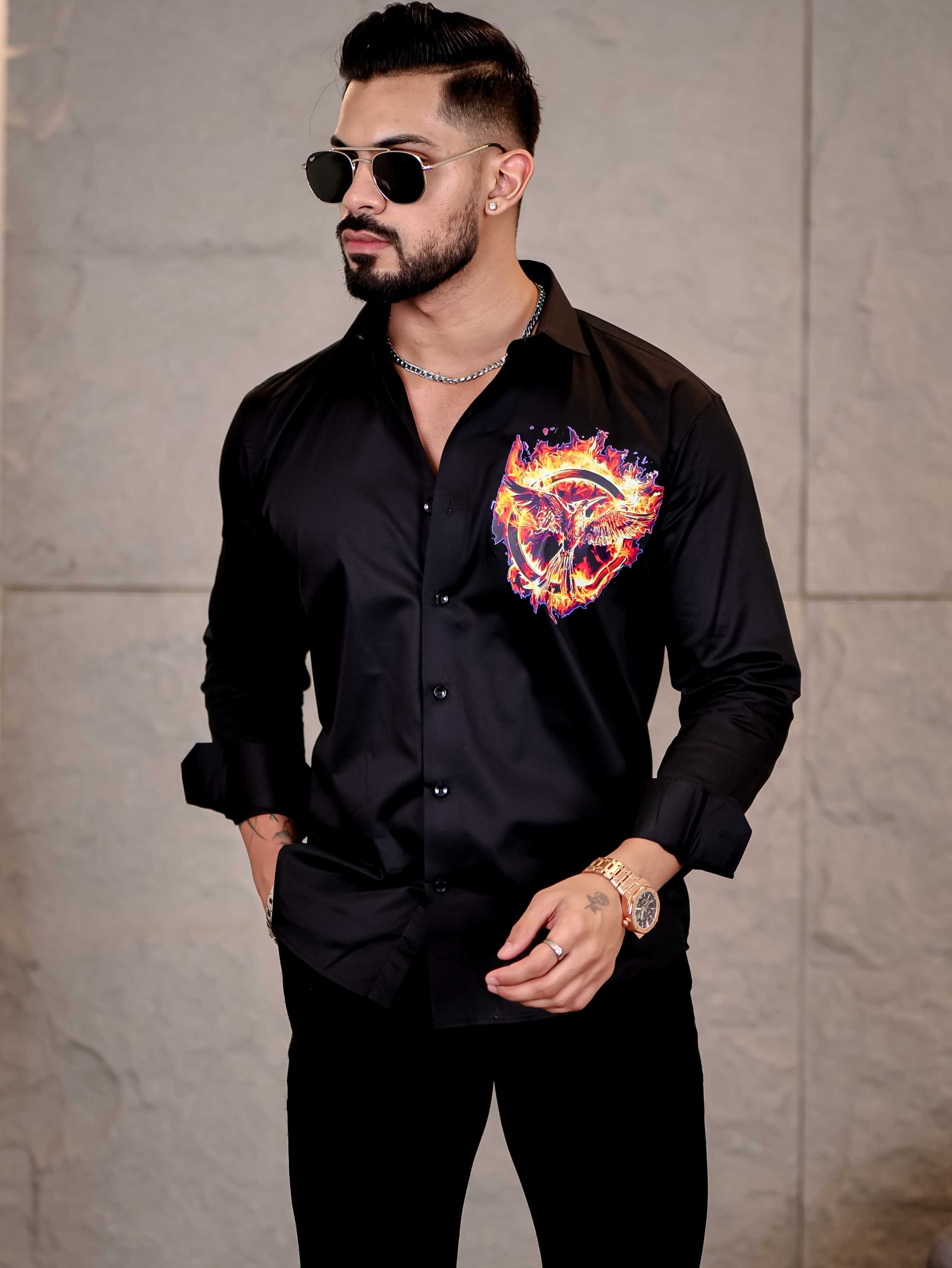 Flaming Mockingjay Black Club Wear Printed Satin Cotton Shirt