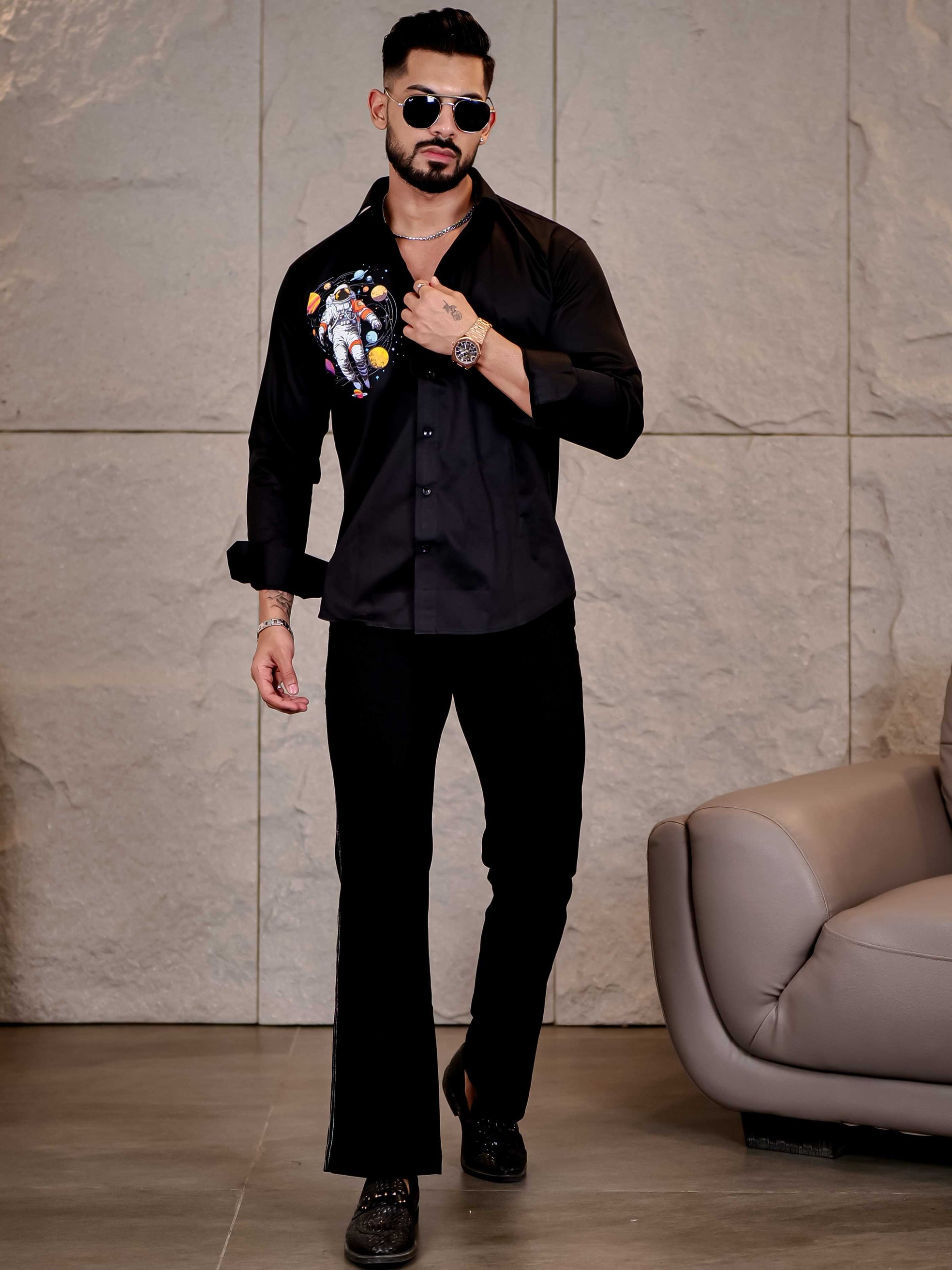 Black Club Wear Planets Printed Satin Cotton Shirt