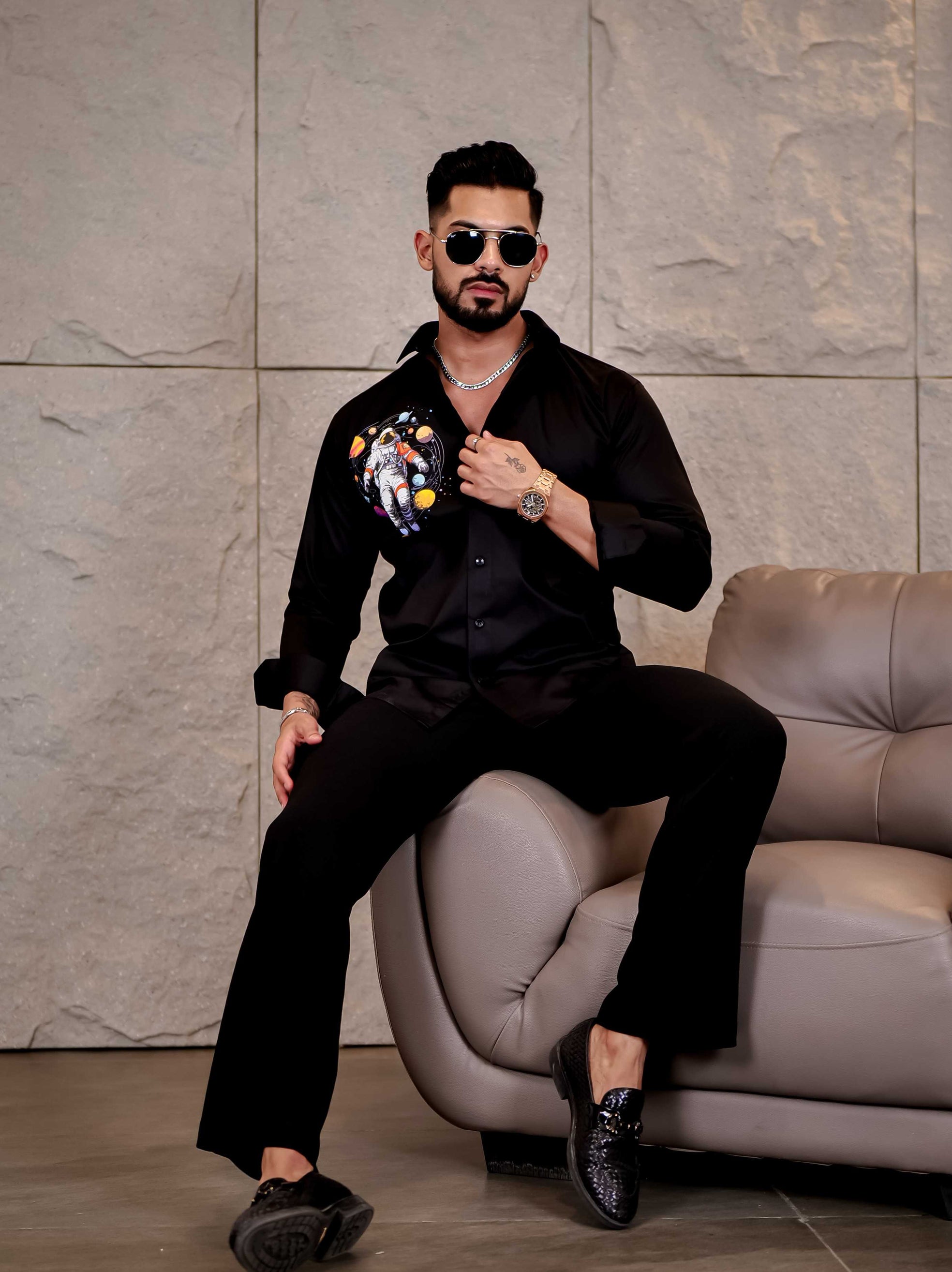 Black Club Wear Planets Printed Satin Cotton Shirt