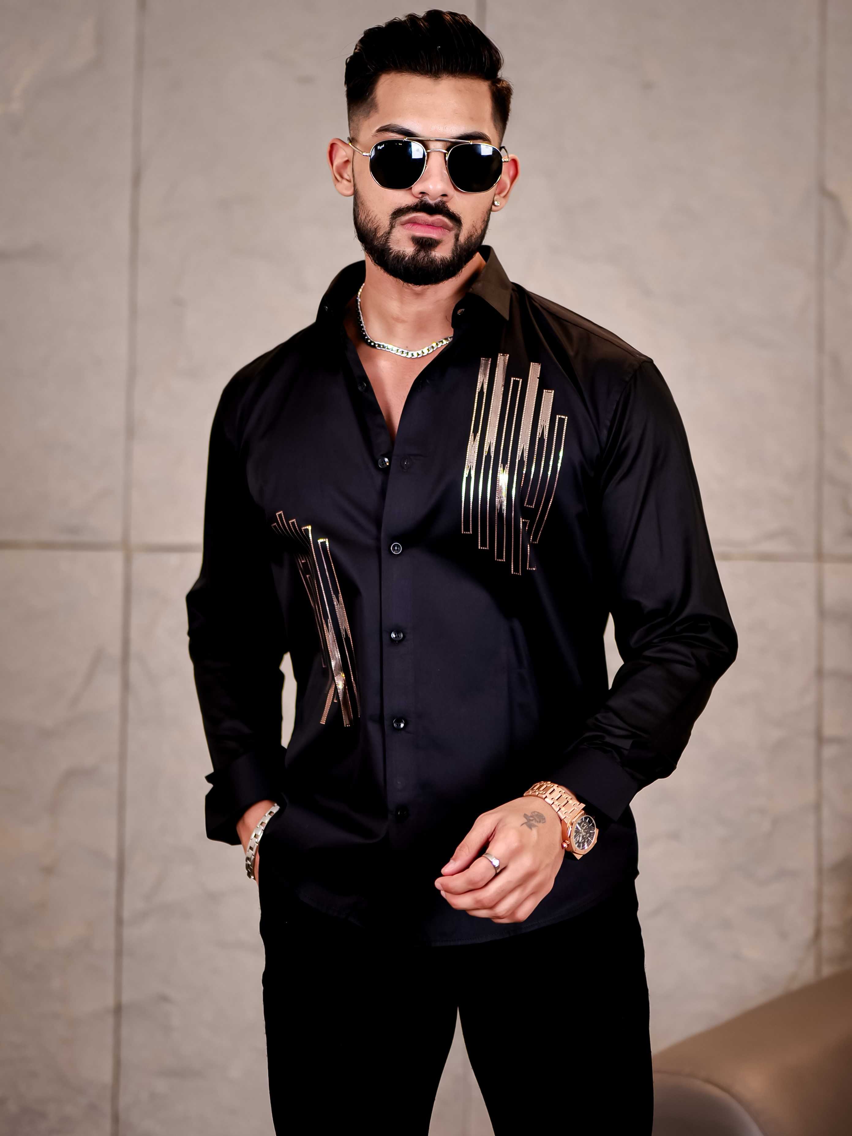 Black Sequence Club Wear Satin Cotton Party Shirt