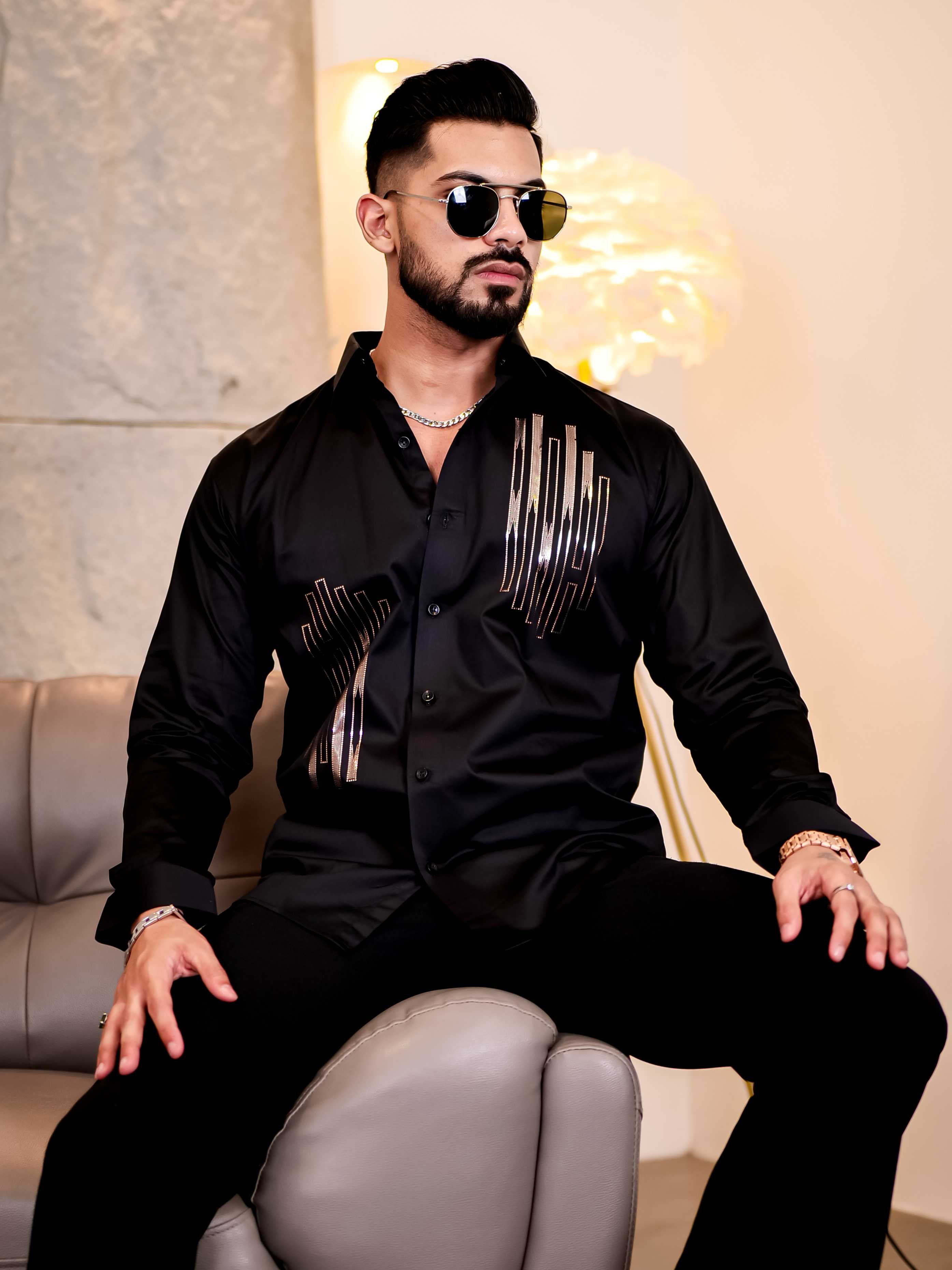 Black Sequence Club Wear Satin Cotton Party Shirt