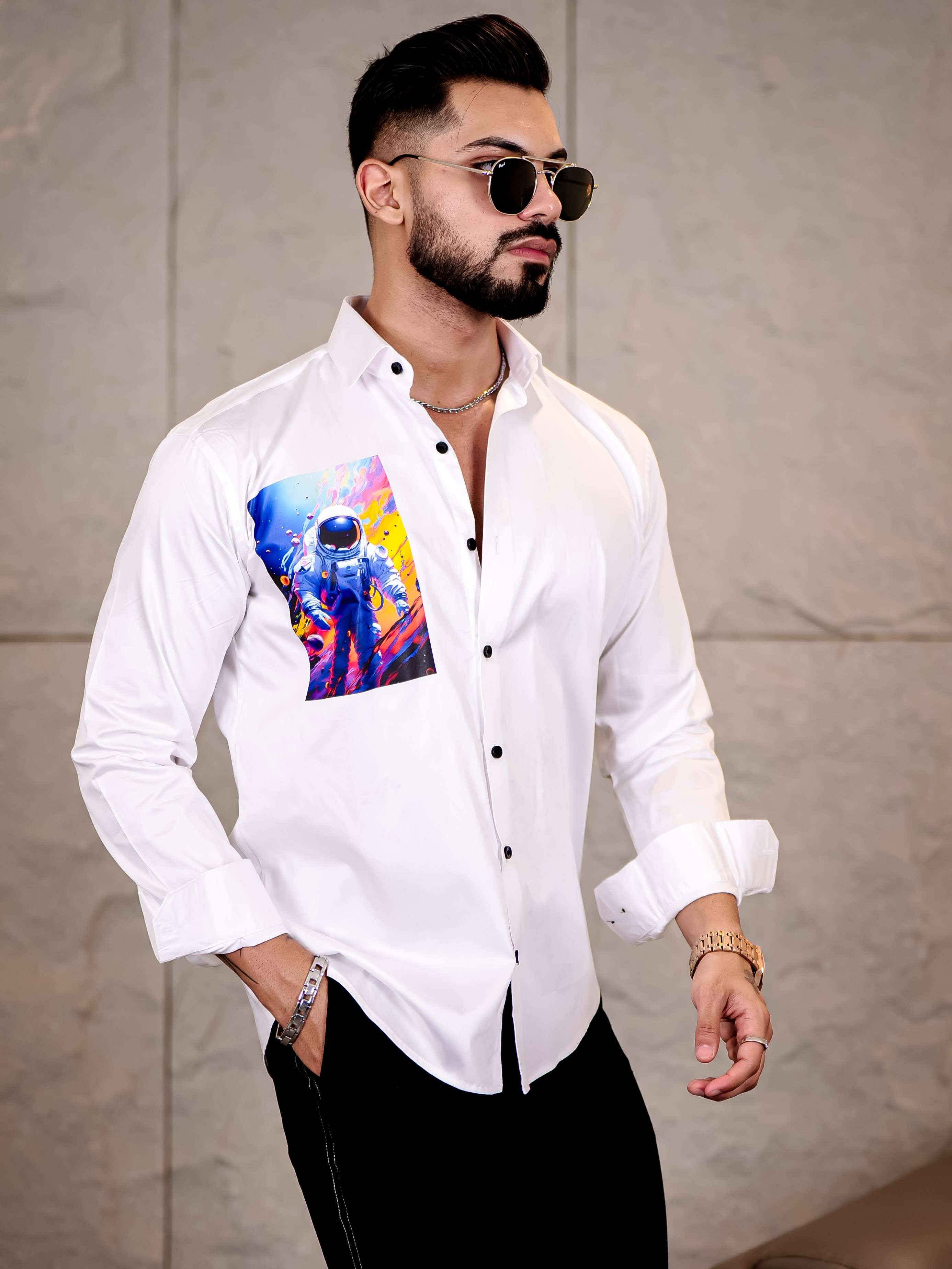 White Club Wear Multiverse Printed Satin Cotton Shirt