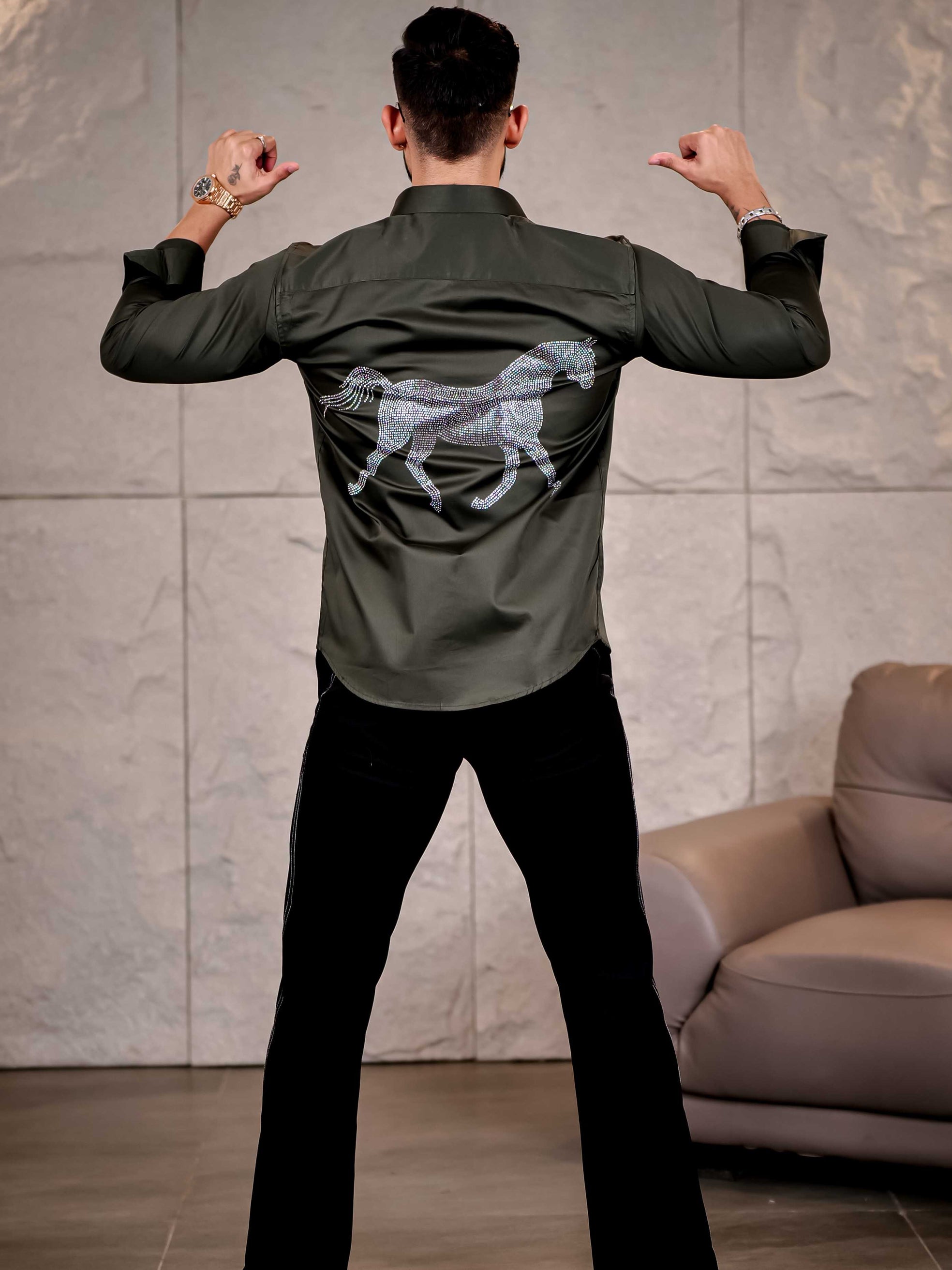 Olive Green Starry Beaded Satin Cotton Premium Party Shirt