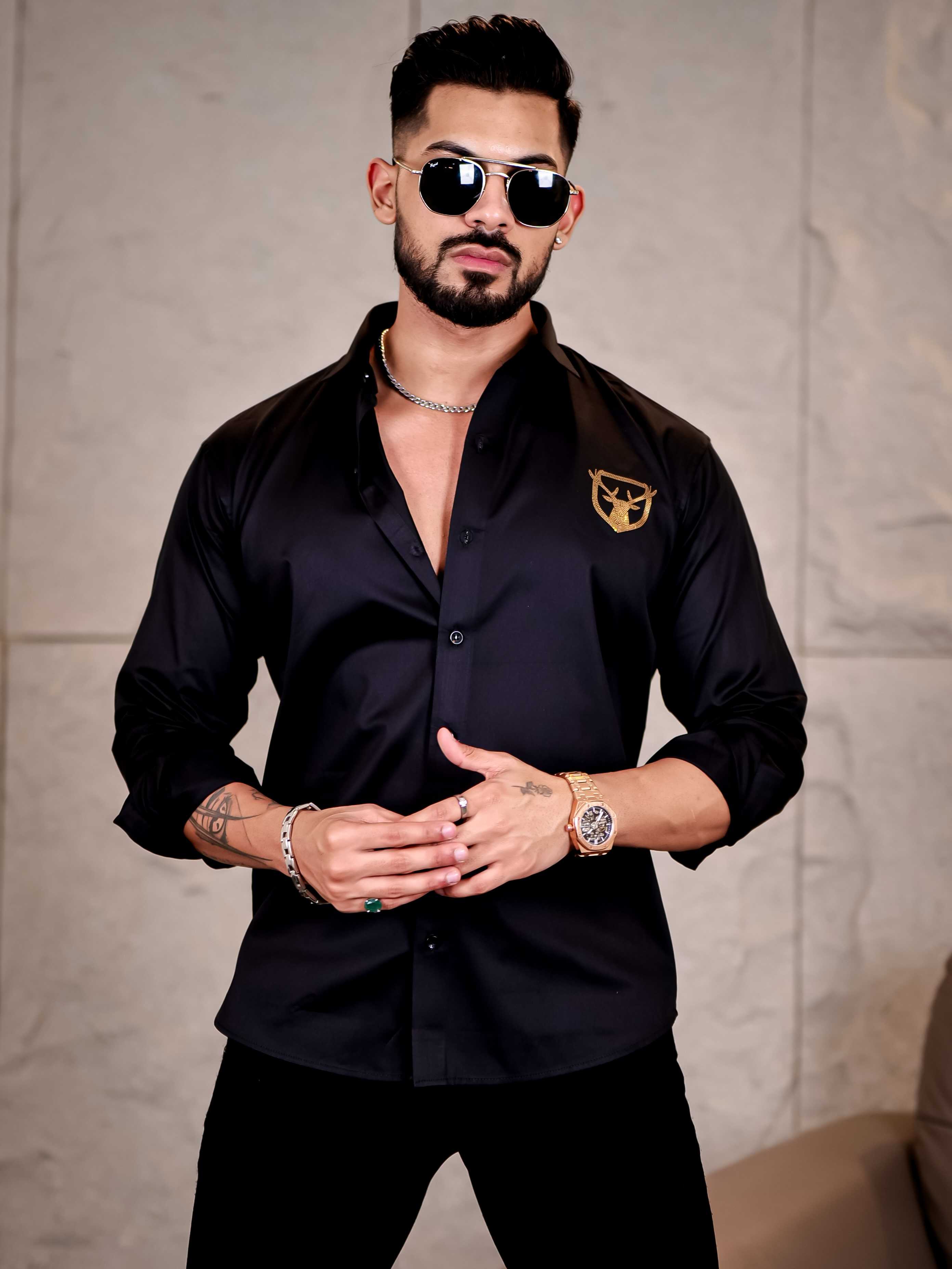 Believe Black Sequence Club Wear Satin Cotton Party Shirt