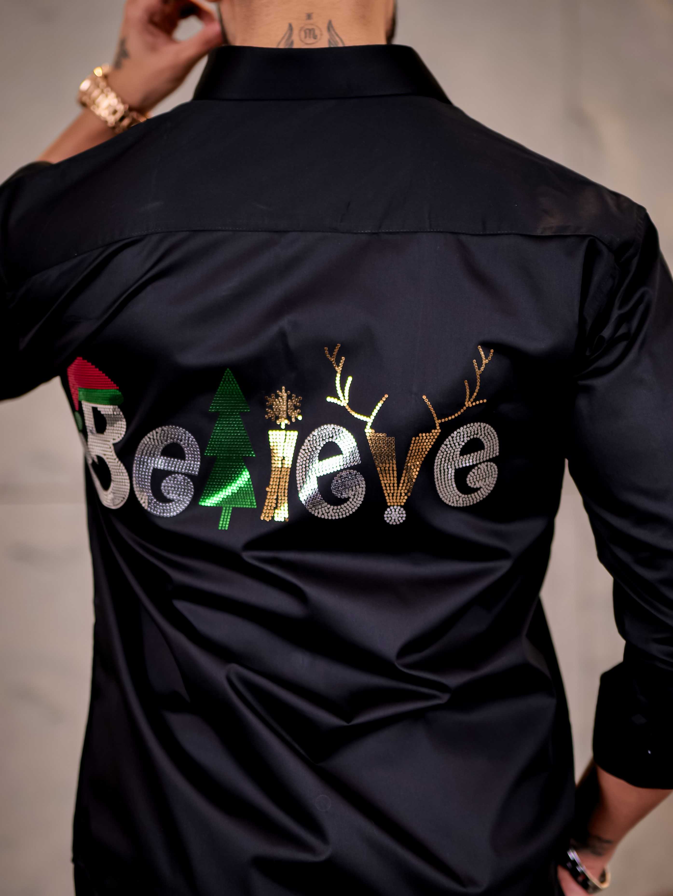 Believe Black Sequence Club Wear Satin Cotton Party Shirt