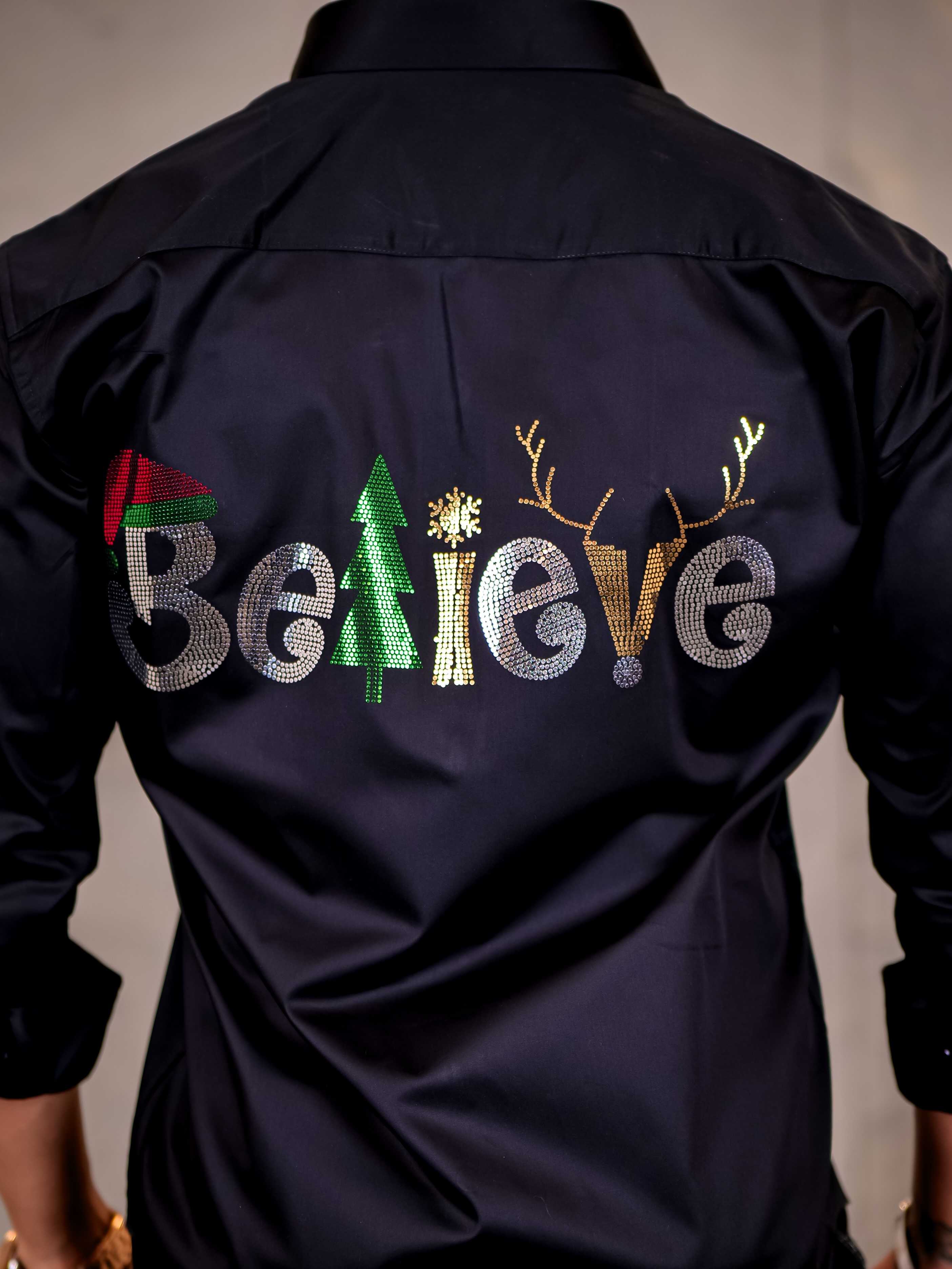 Believe Black Sequence Club Wear Satin Cotton Party Shirt