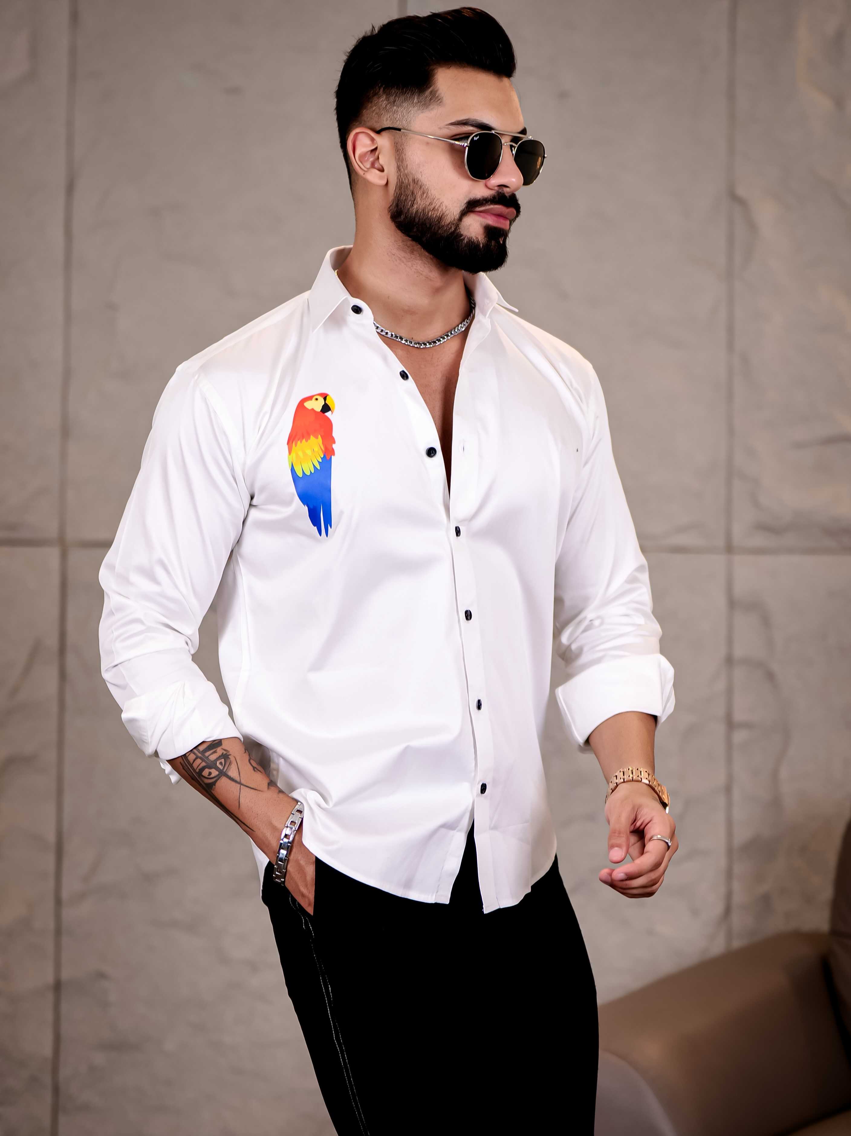 White Club Wear Macaw Perrot Printed Satin Cotton Shirt