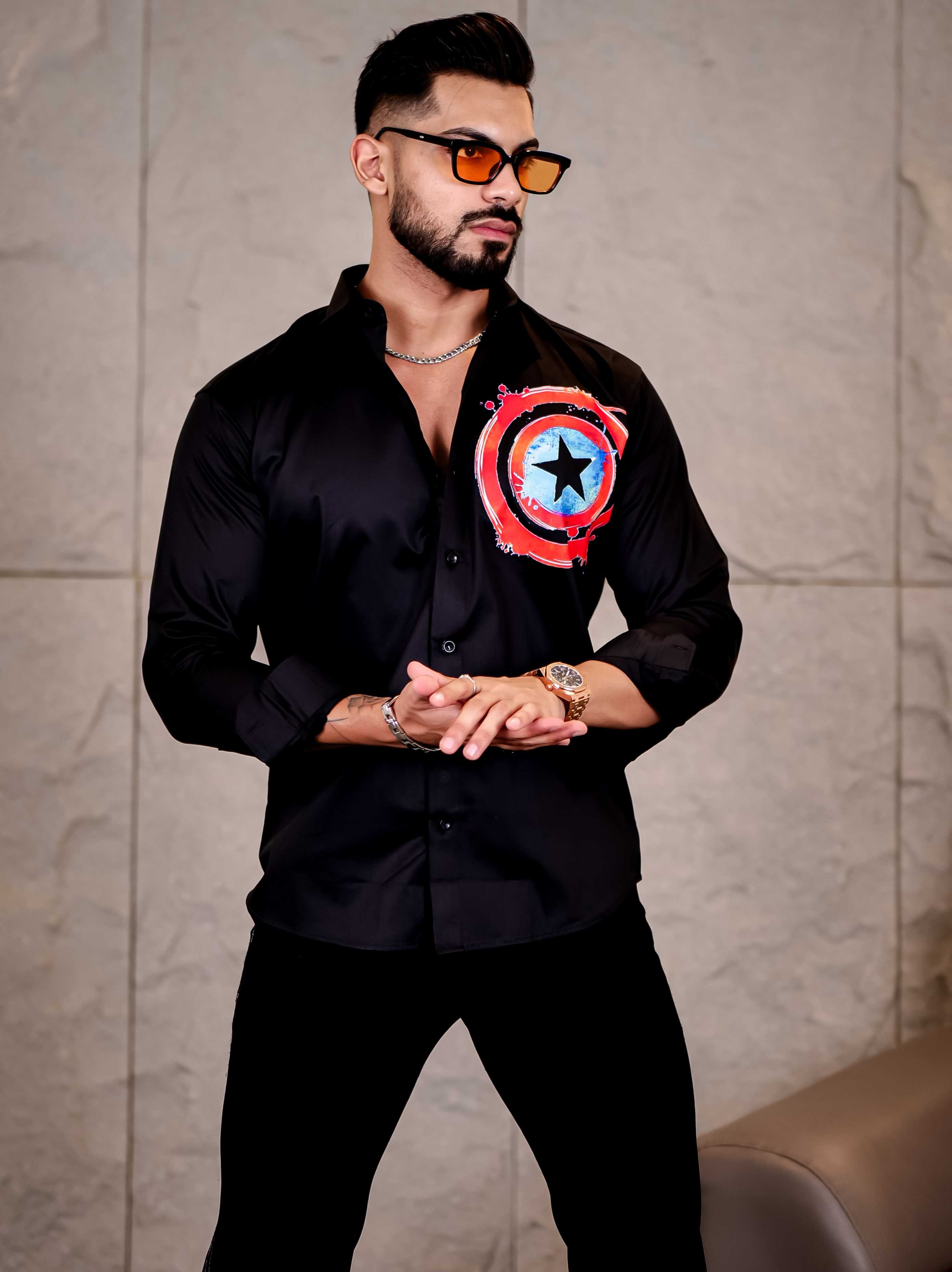 Black Club Wear Shield Printed Satin Cotton Shirt