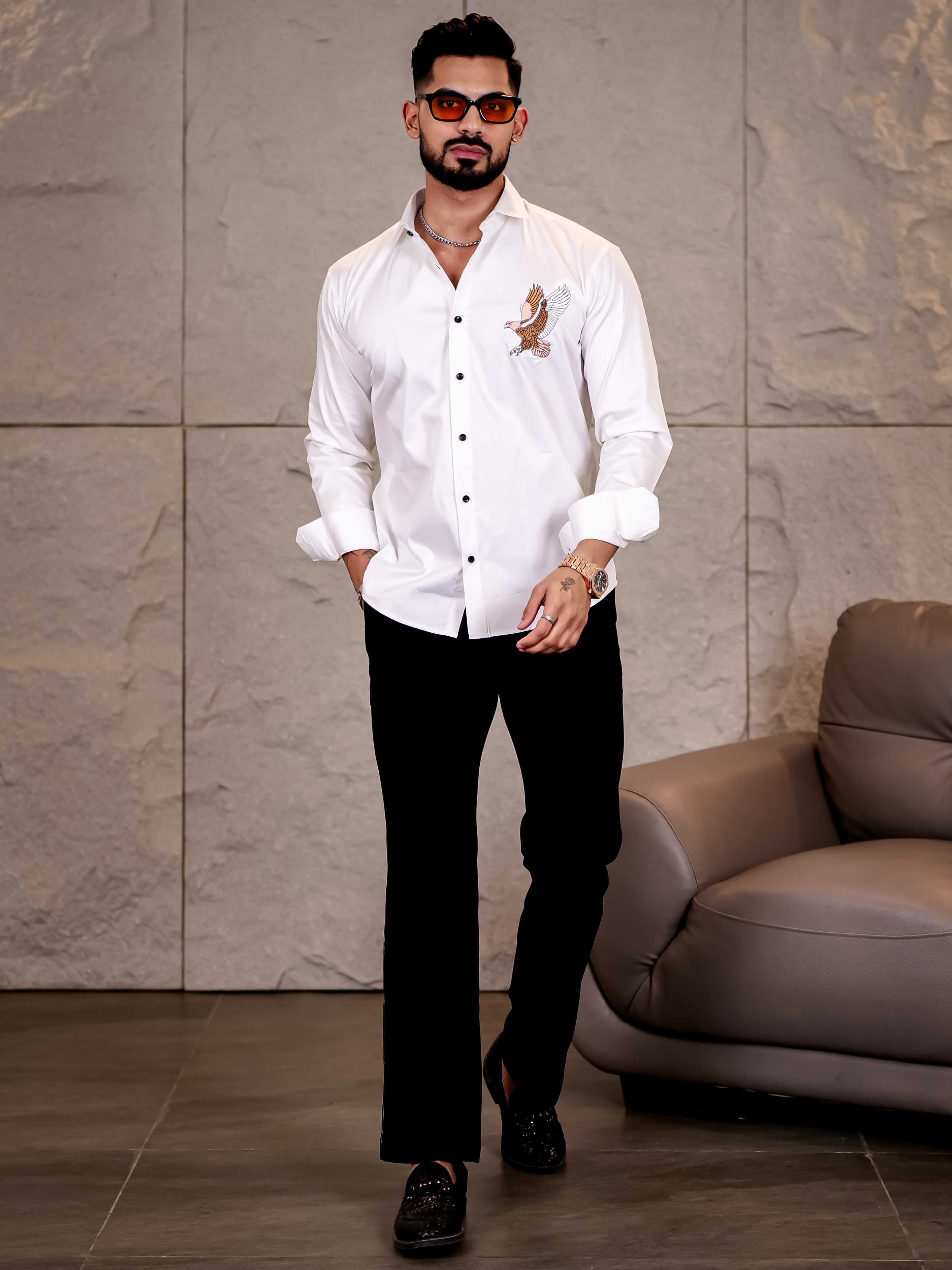 White Multicolor Falcon Embroidered Club Wear Satin Cotton Shirt