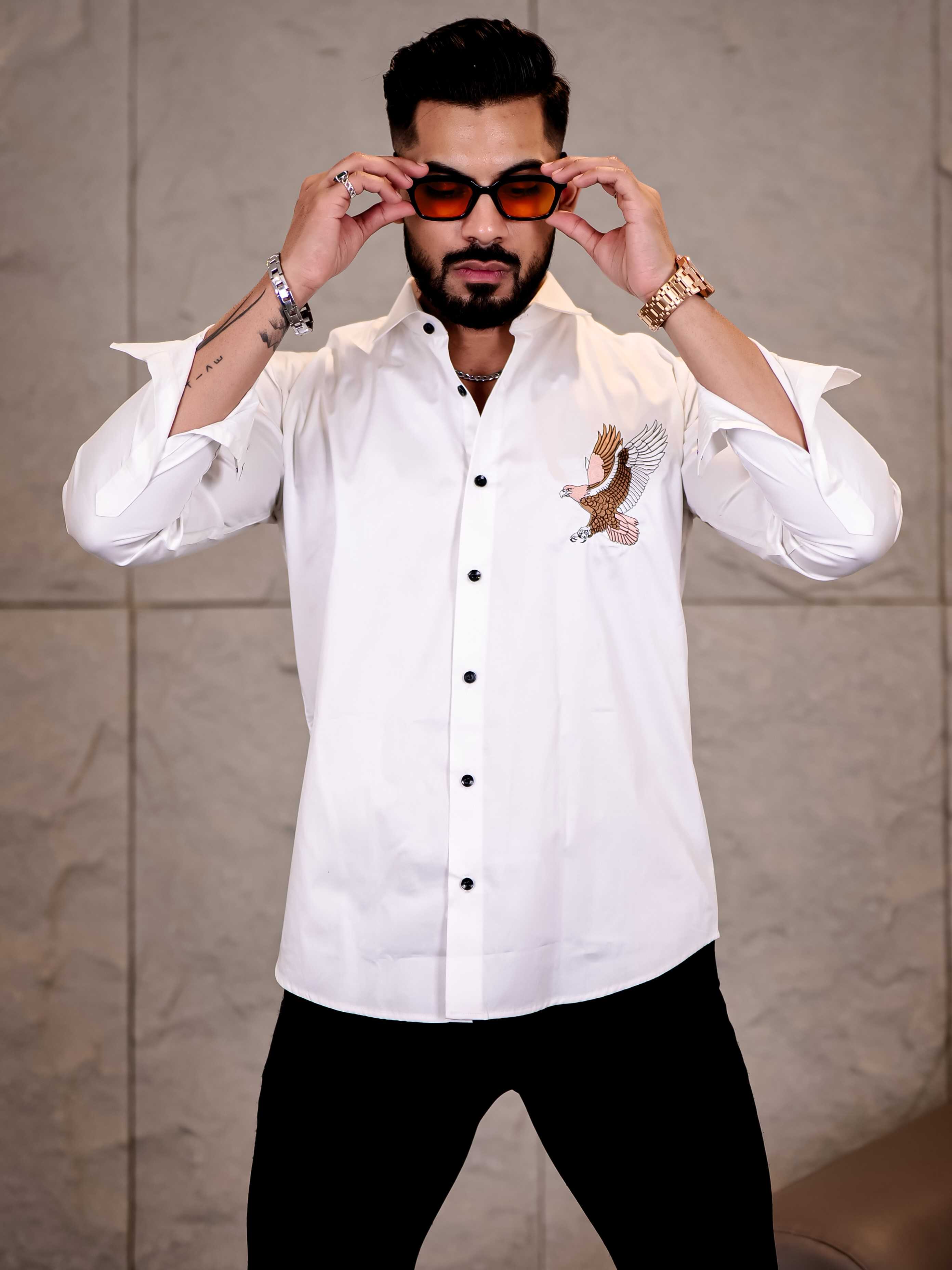 White Multicolor Falcon Embroidered Club Wear Satin Cotton Shirt