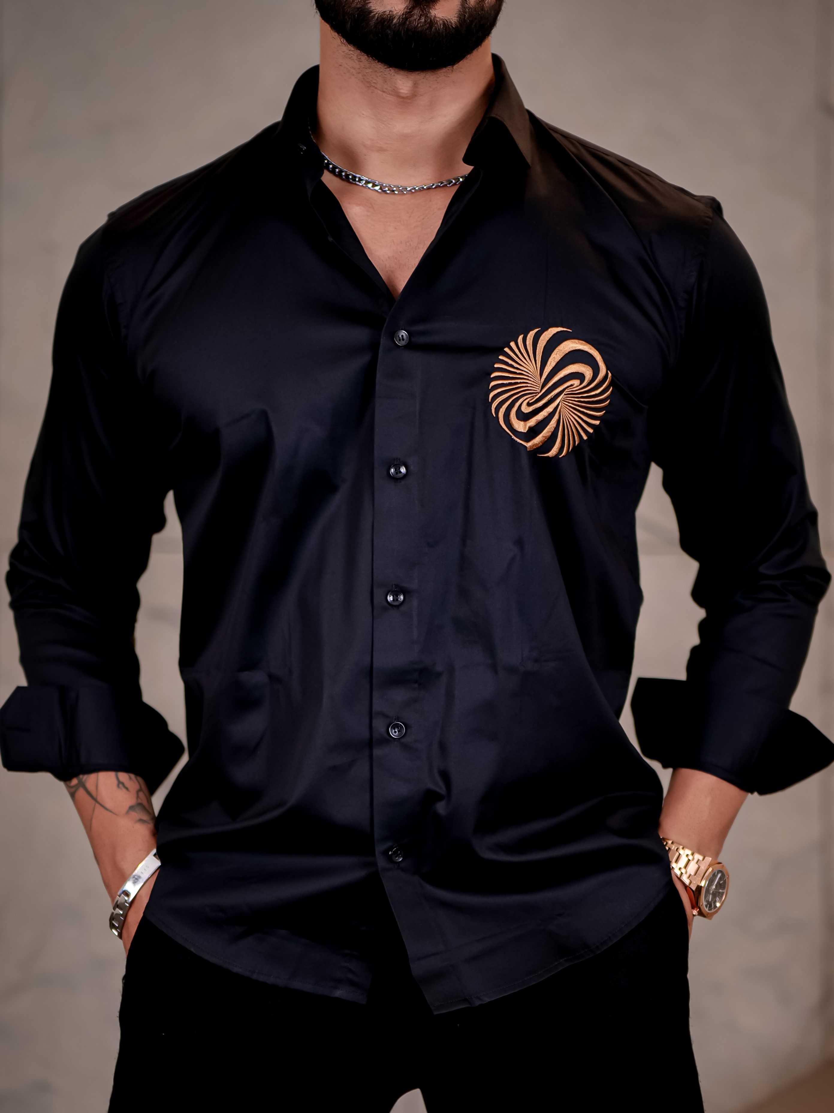 Black Money Attract Embroidered Premium Cotton Shirt For Men