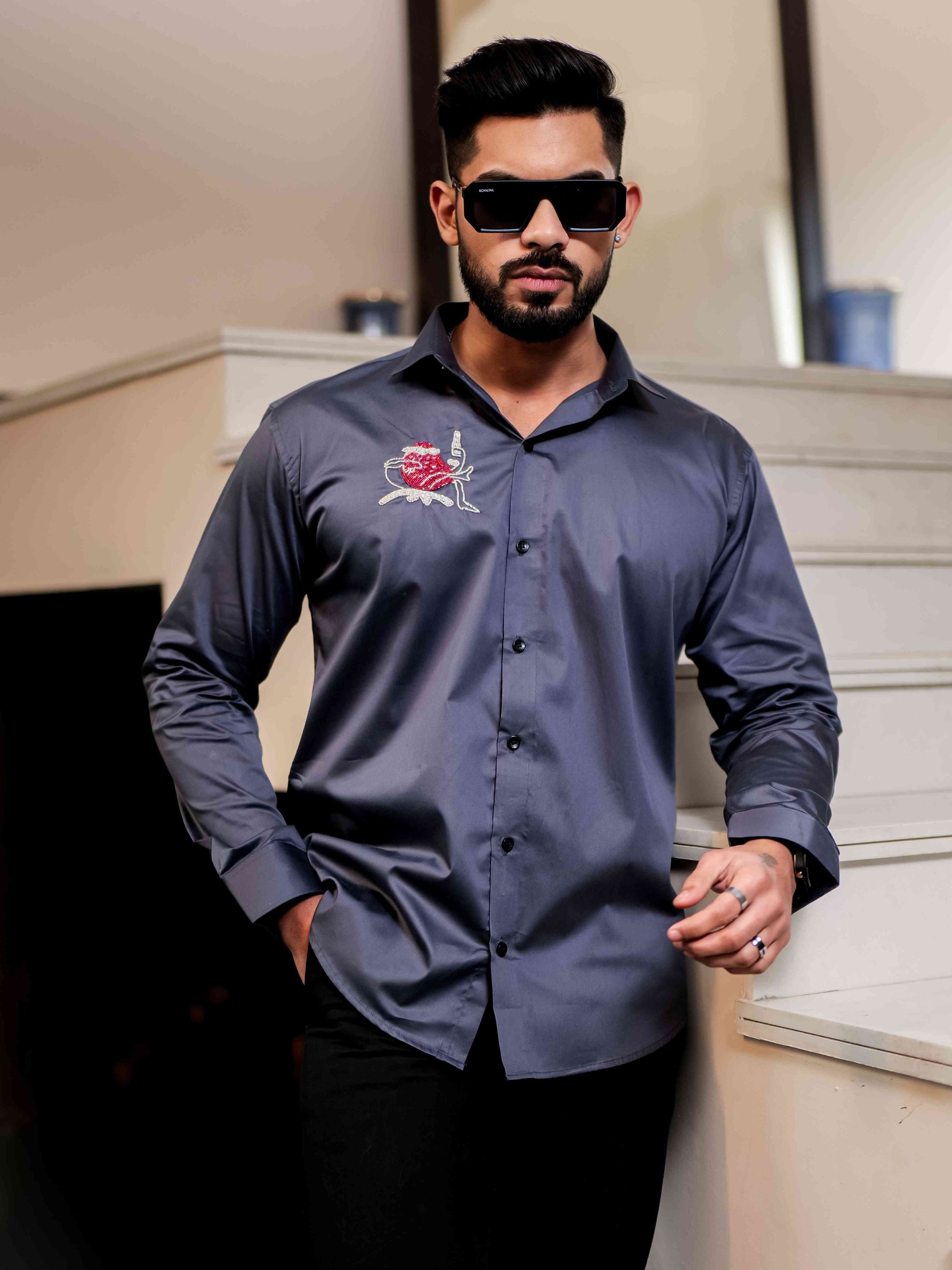 Darkgrey Heart Hand Work Party Satin Cotton Premium Shirt