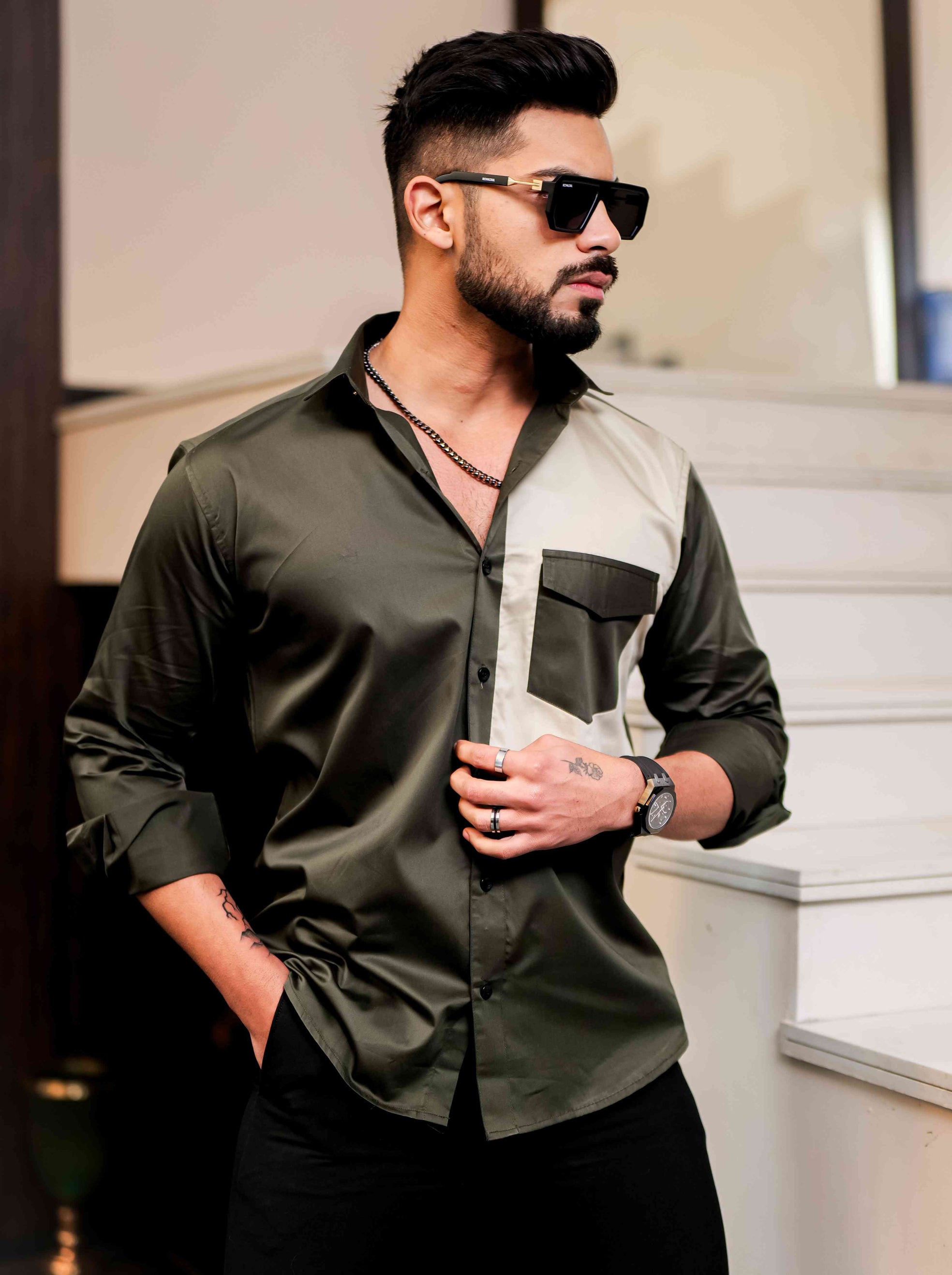 Green Cut N Sew Designer Satin Cotton Shirt