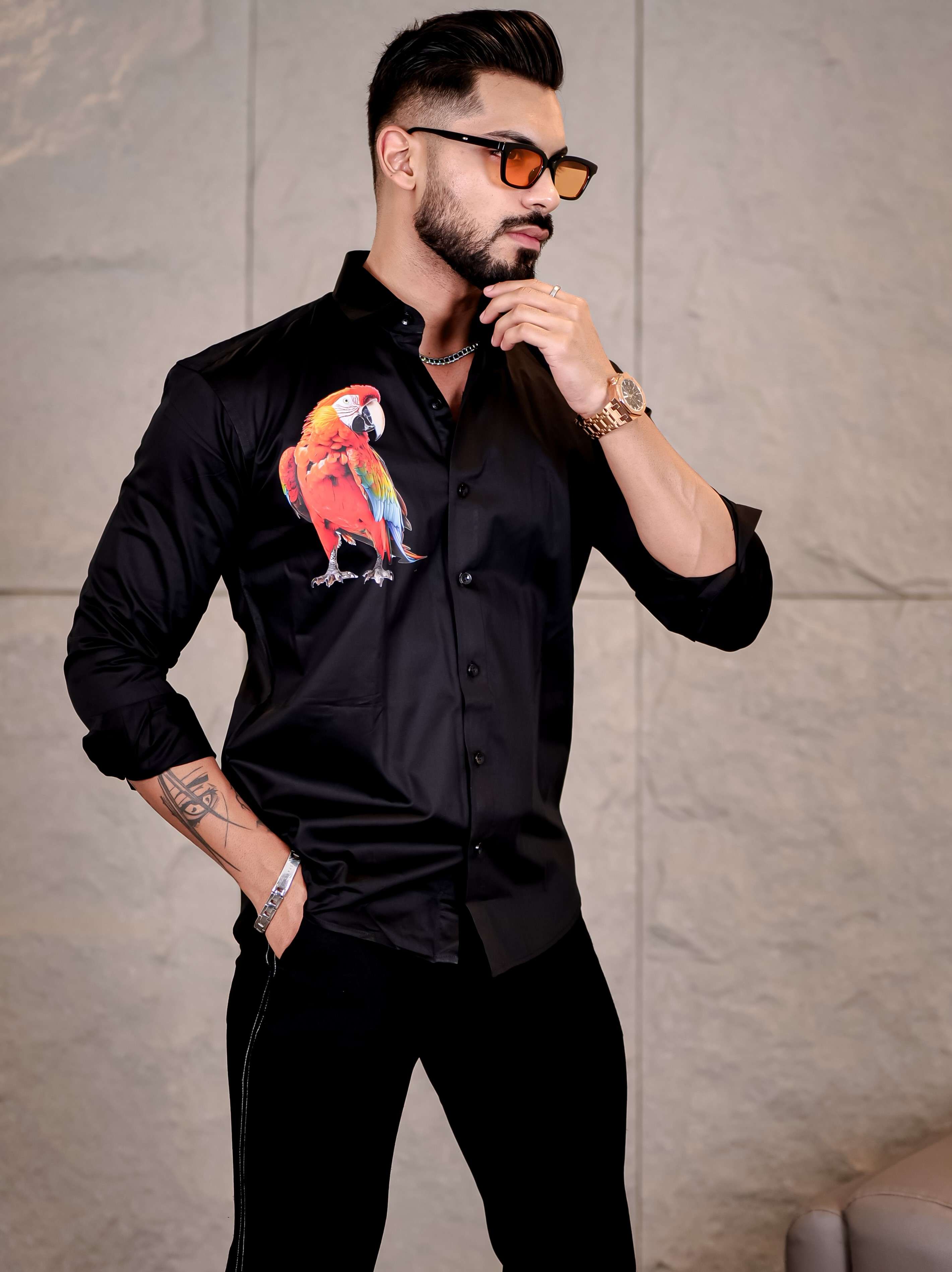 Black Club Wear Perrot Printed Satin Cotton Shirt