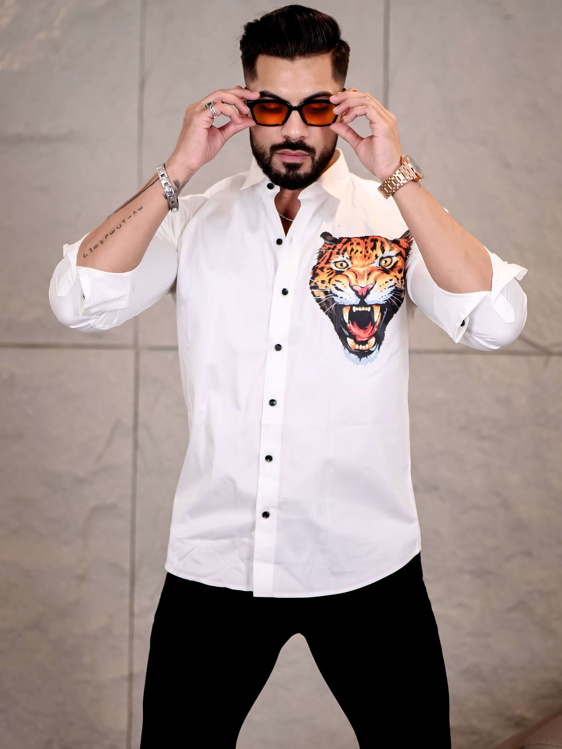 White Club Wear Roar Cheetah Printed Satin Cotton Shirt