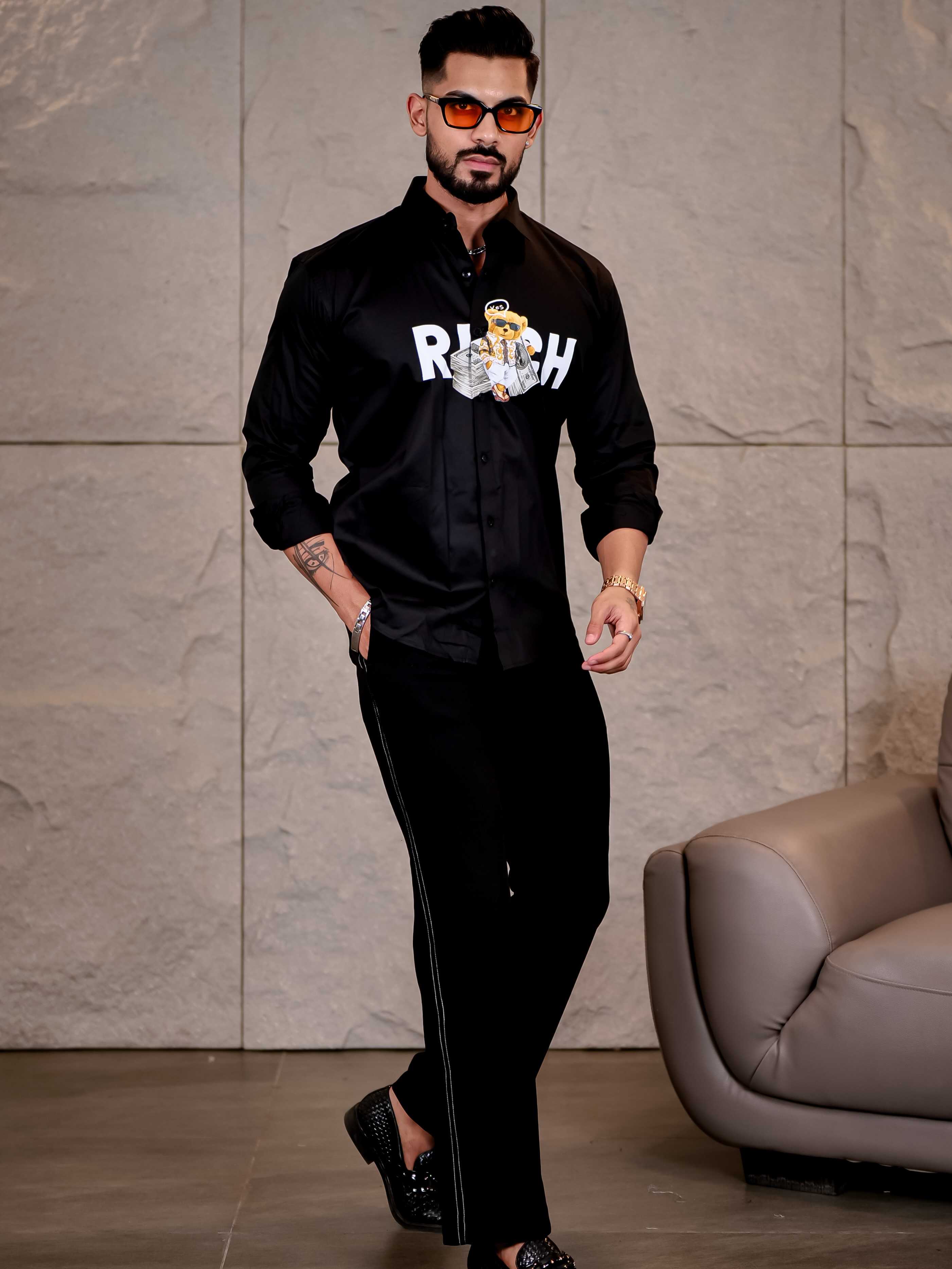 Black Club Wear Rich Printed Satin Cotton Shirt