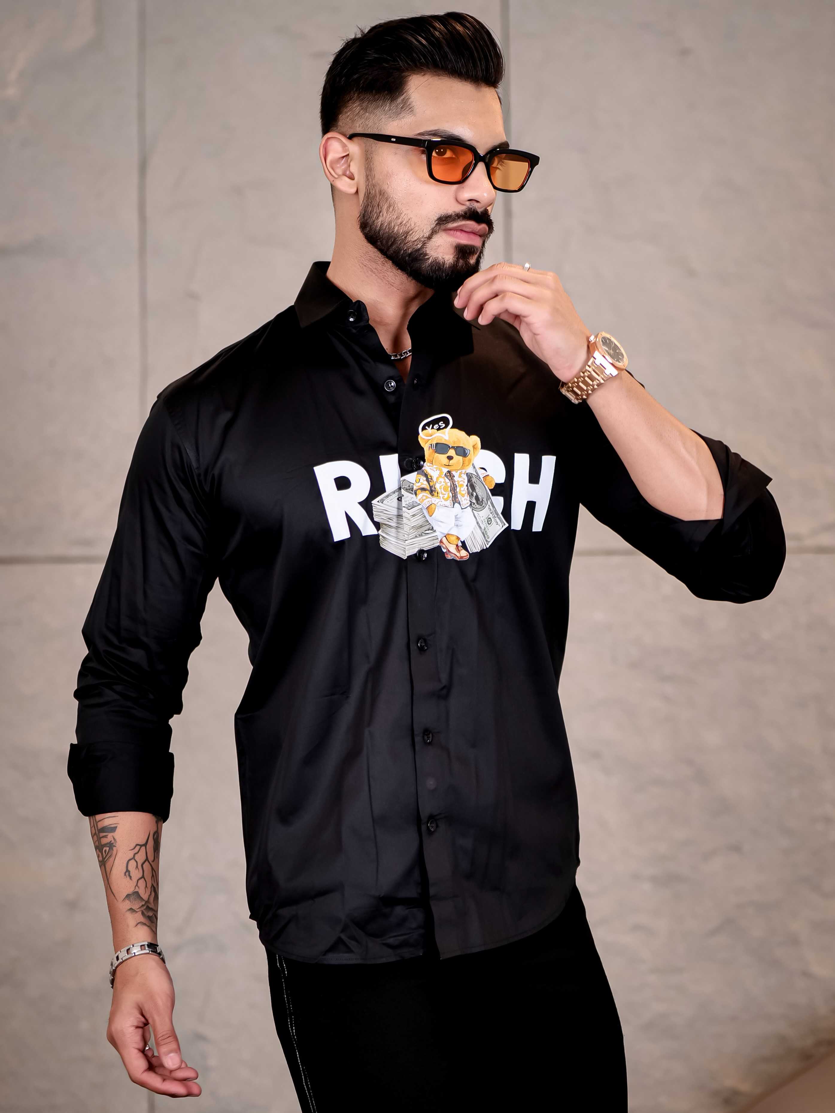 Black Club Wear Rich Printed Satin Cotton Shirt