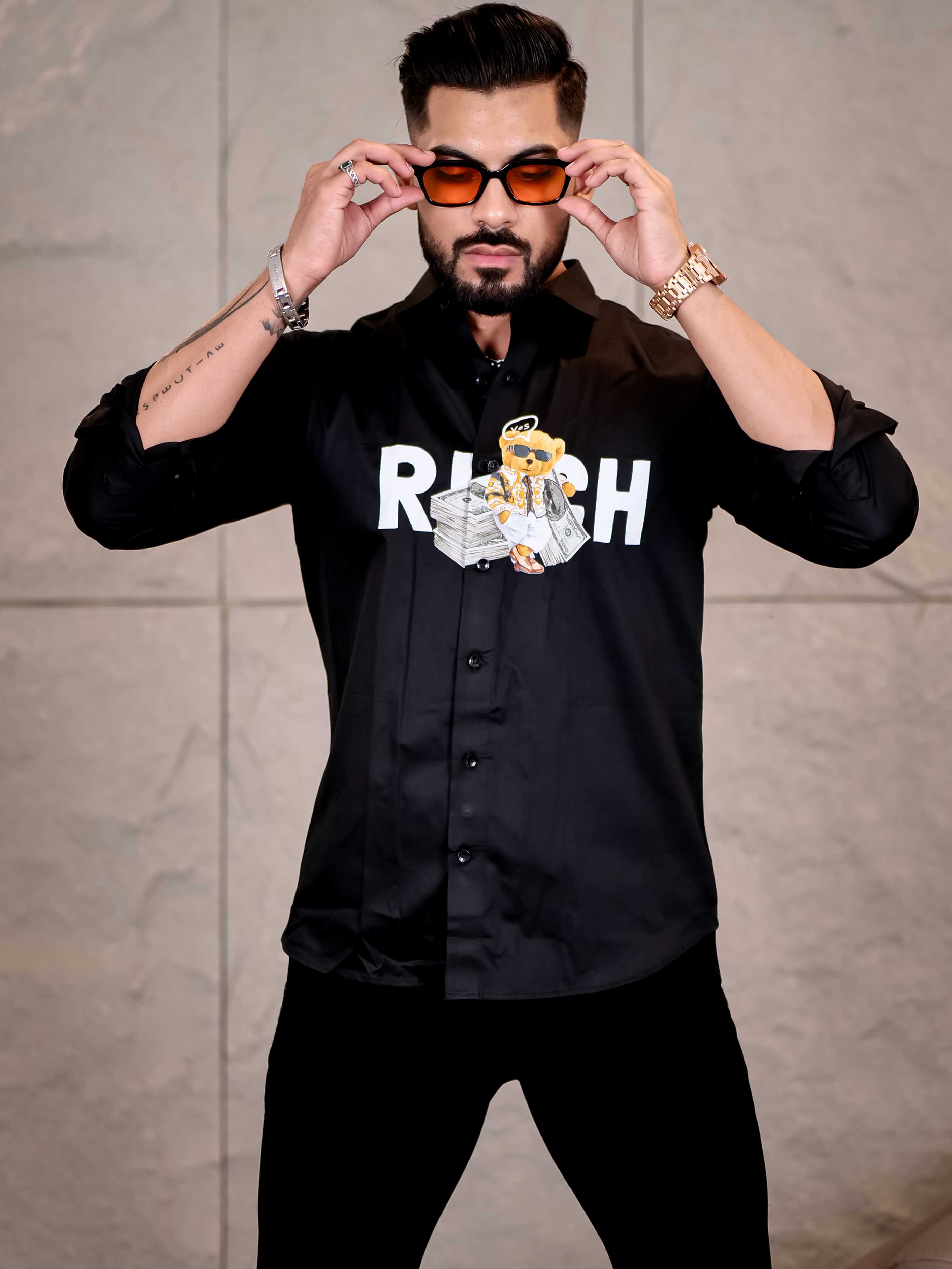 Black Club Wear Rich Printed Satin Cotton Shirt