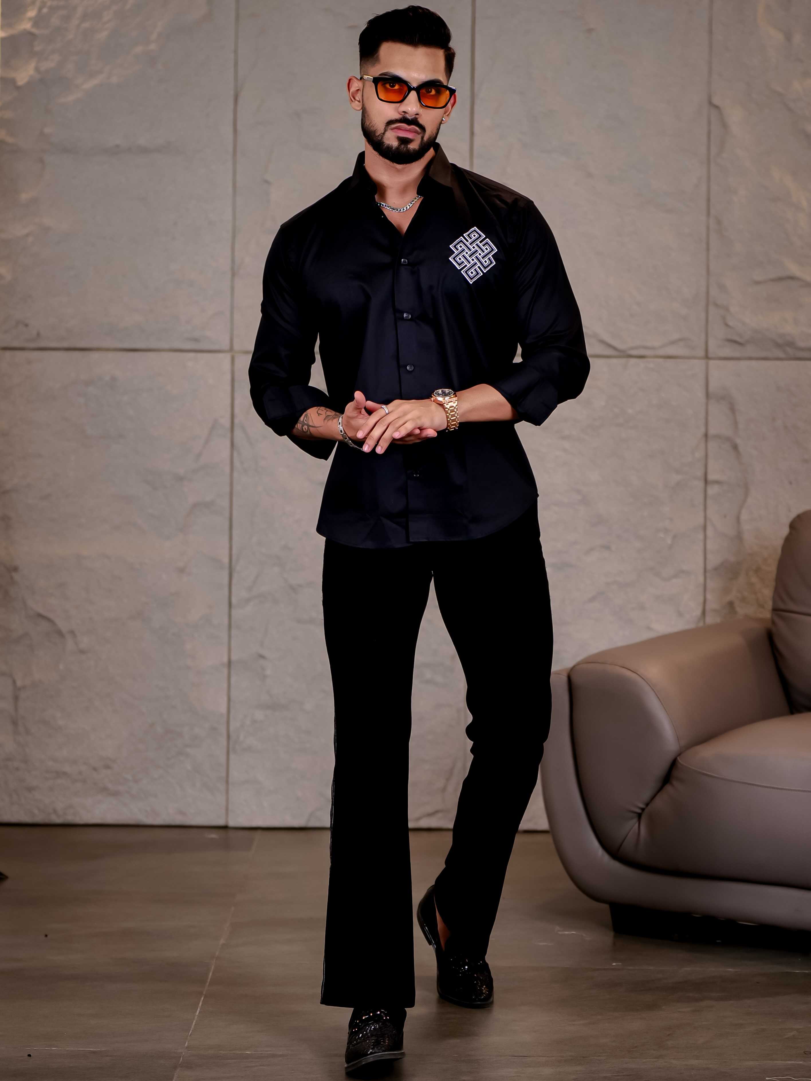 Black Embroidered Premium Cotton Shirt For Men