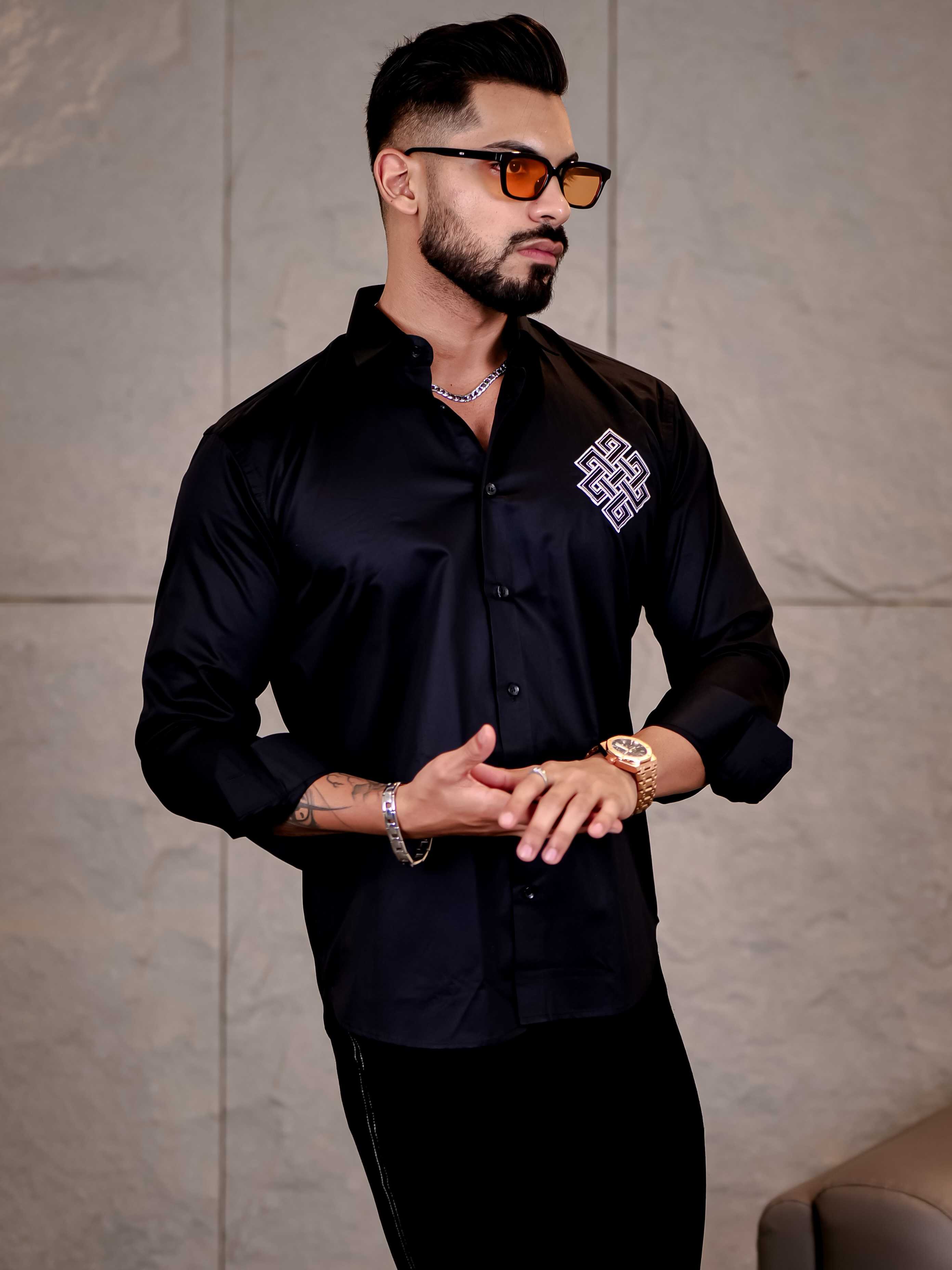 Black Embroidered Premium Cotton Shirt For Men