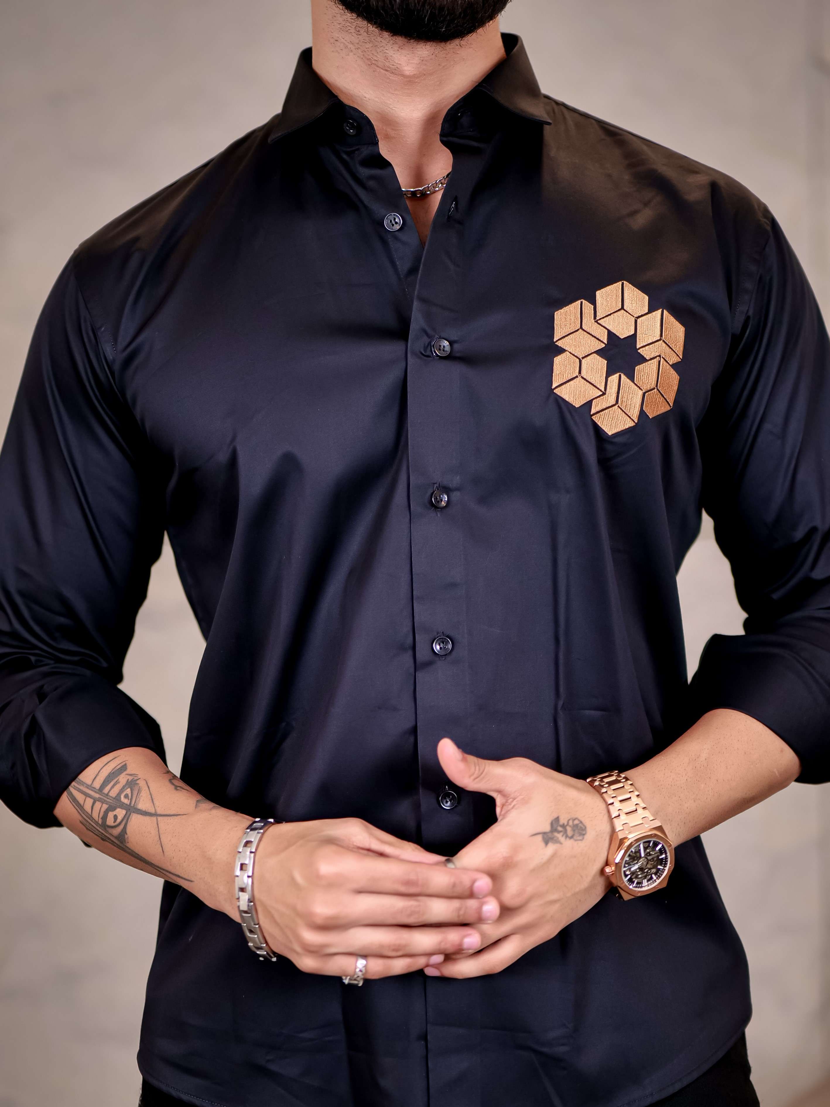 Black Arabian Cube Embroidered Premium Cotton Shirt For Men