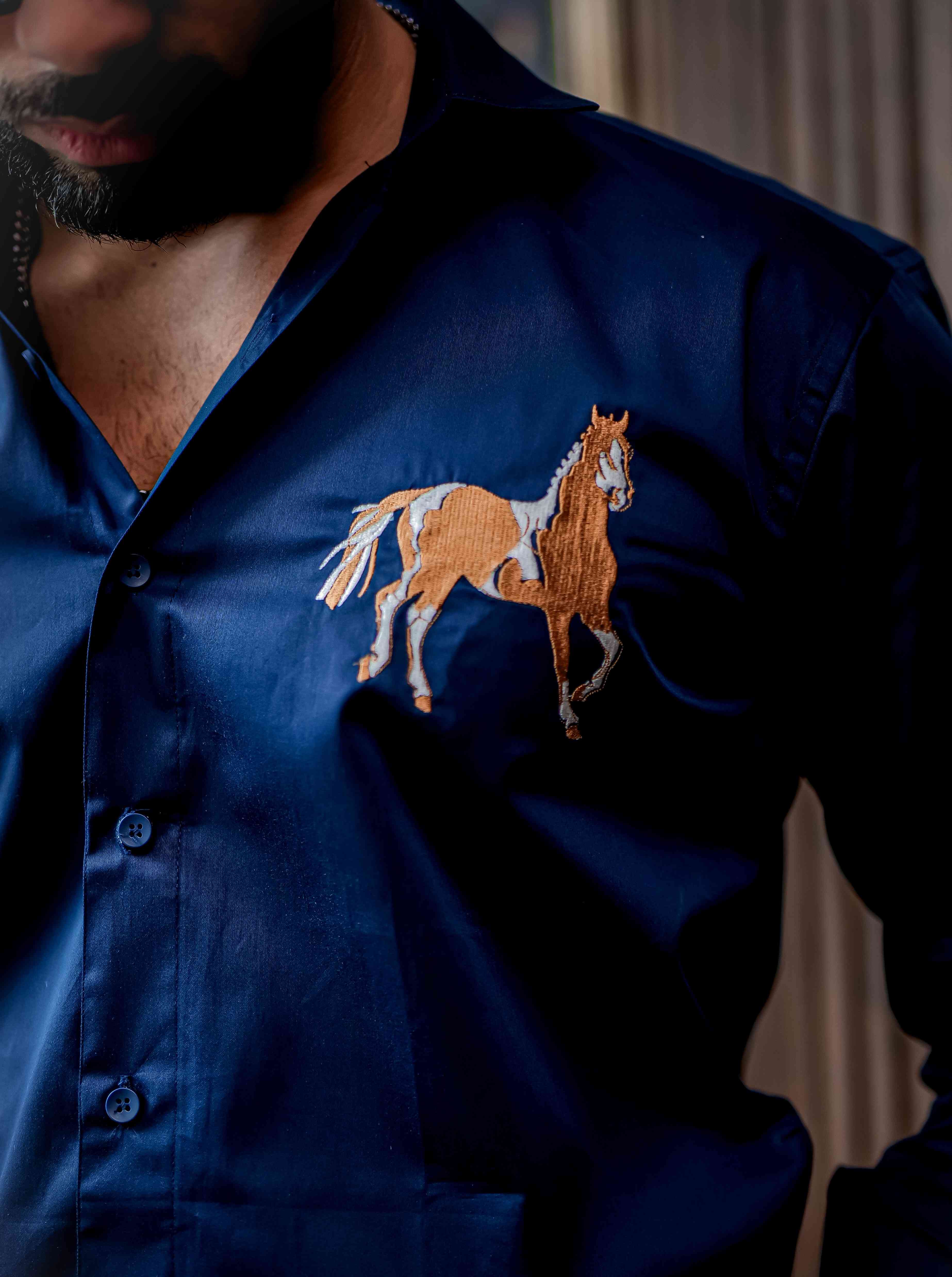 Horse Golden Embroidered Blue Premium Shirt For Men
