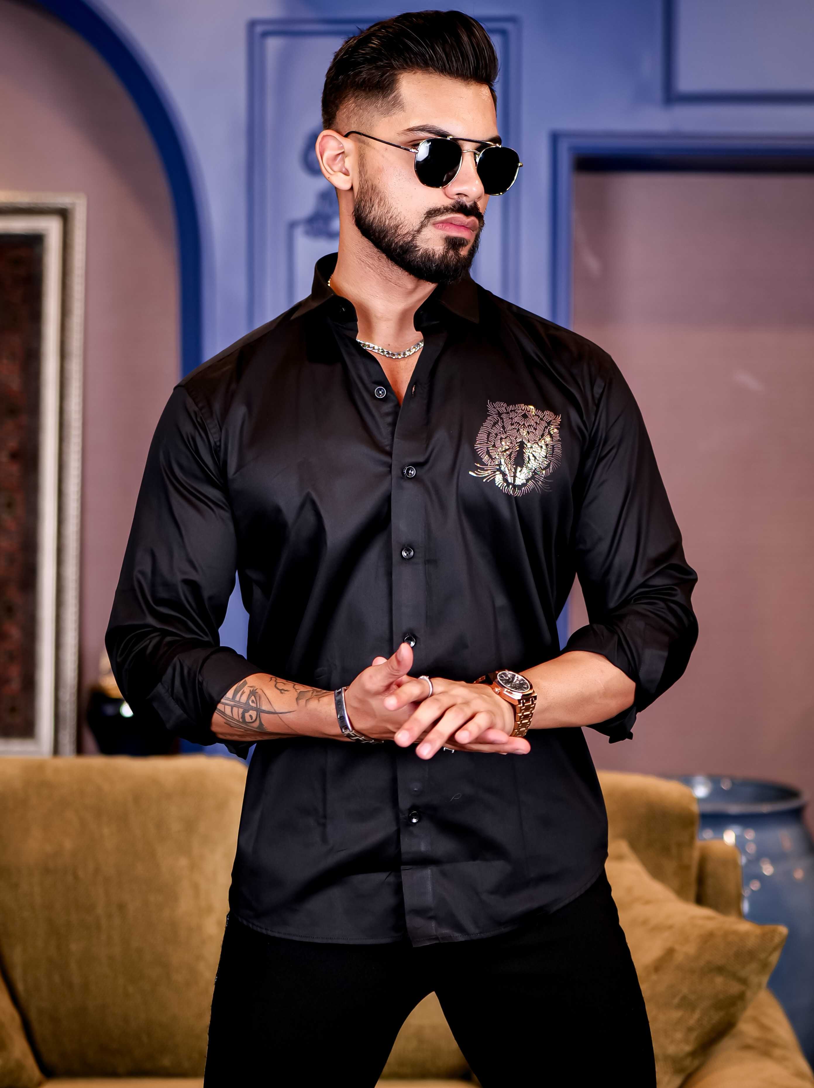 Black Club Wear Tiger Sequence Satin Cotton Party Shirt