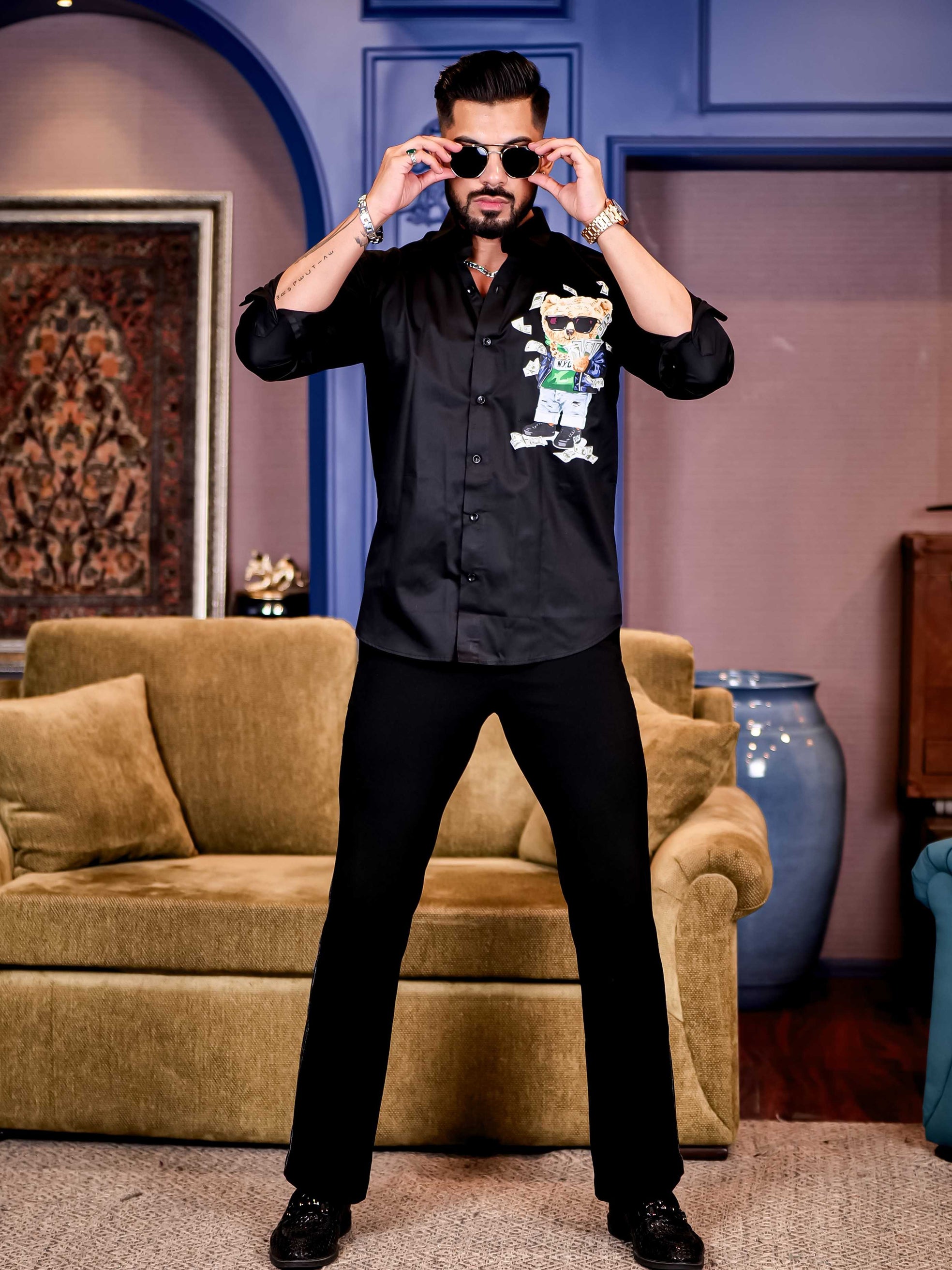 Black Club Wear Printed Satin Cotton Shirt