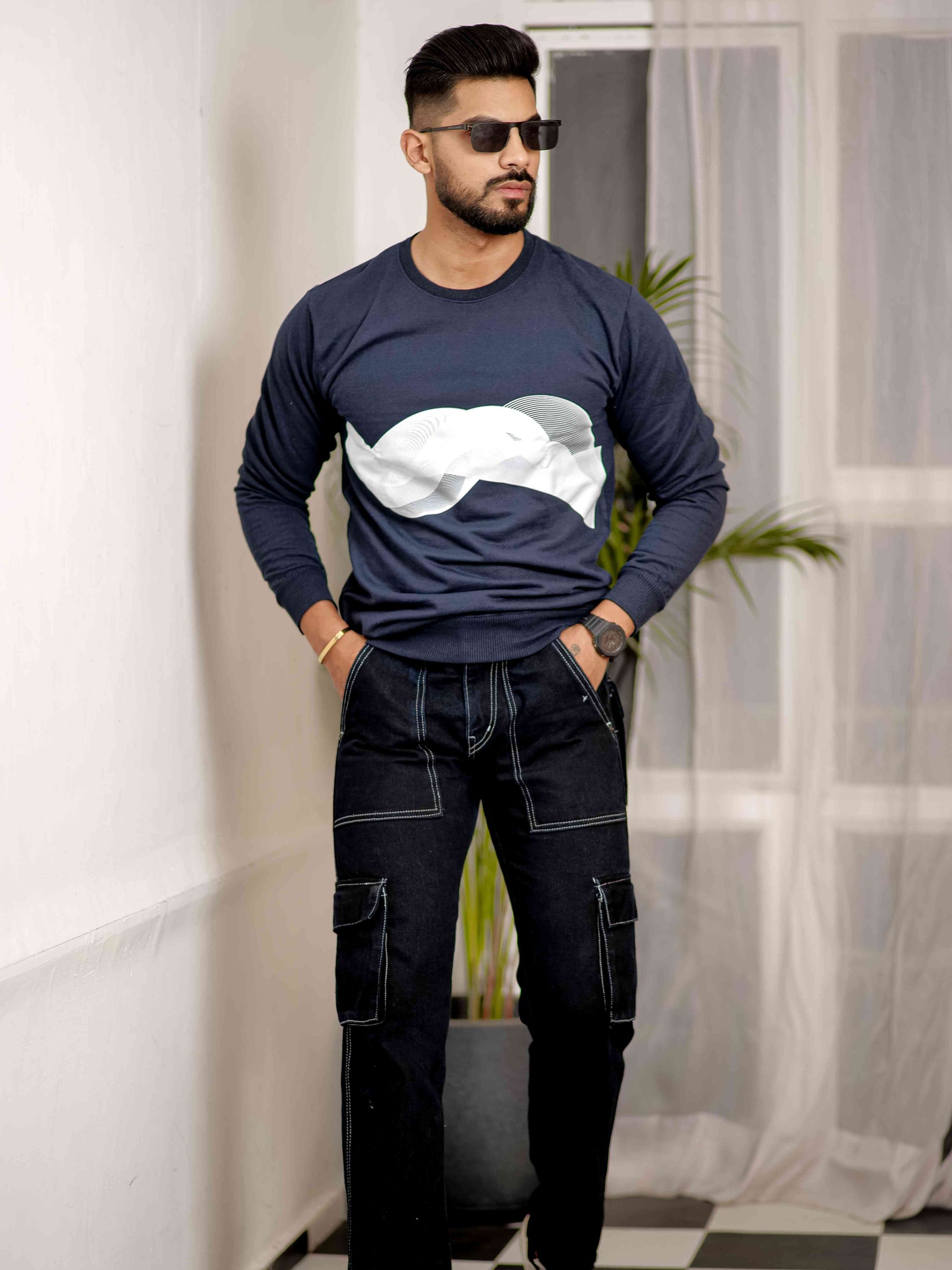 Navy Cotton Full Sleeve T Shirt